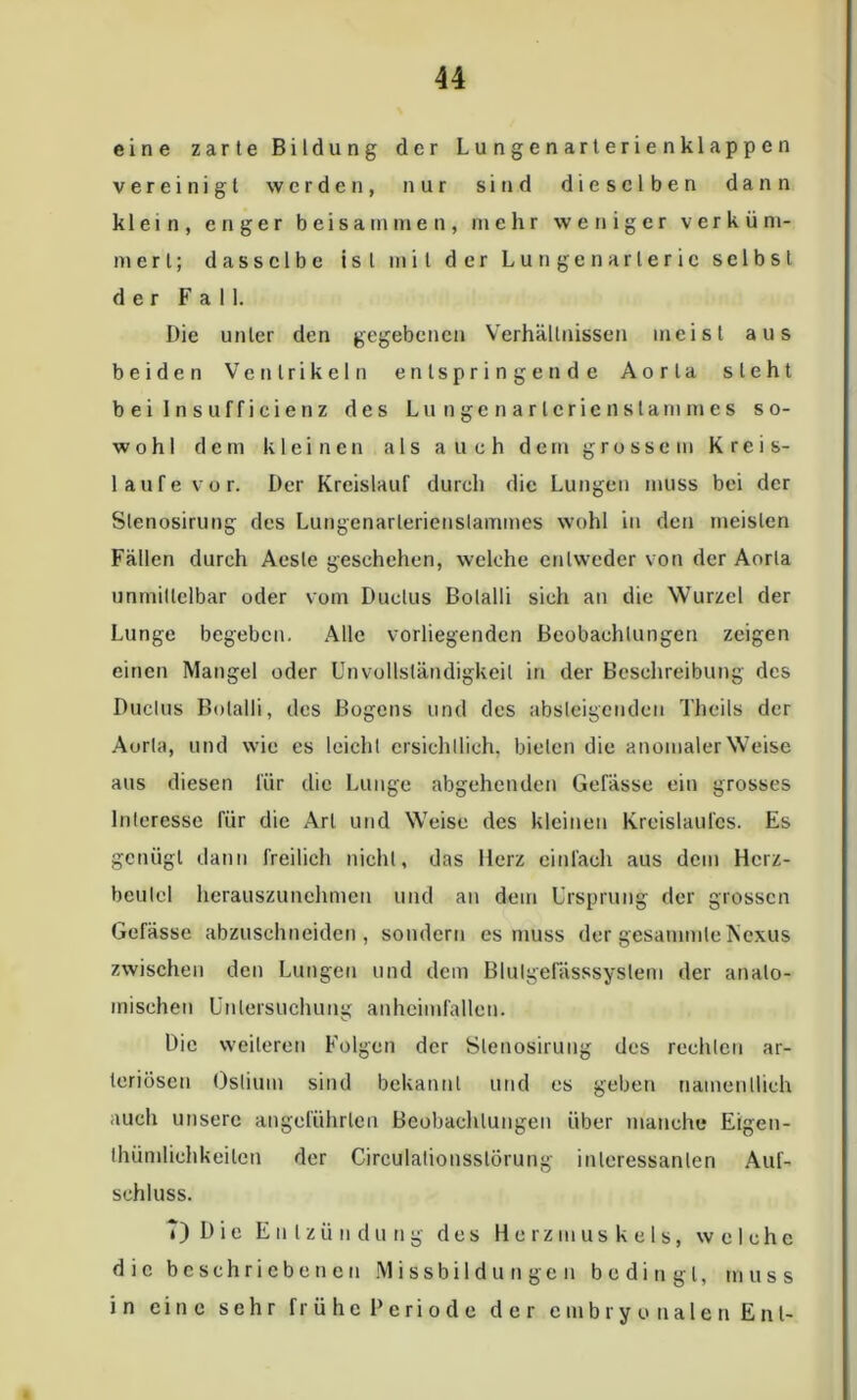 eine zarte Bildung der Lungenarterienklappen vereinigt werden, nur sind dieselben dann klein, enger beisammen, mehr weniger verküm- mert; dasselbe ist mit der Lungenarleric selbst der Fall. Die unter den gegebenen Verhältnissen meist aus beiden Ventrikeln entspringende Aorta steht b ei 1 n suffieienz des Lu n ge n a r ler ie n st am m e s so- wohl dem kleinen als auch dem grossem Kreis- läufe vor. Der Kreislauf durch die Lungen muss bei der Slenosirung des Lungenarlerienslamines wohl in den meisten Fällen durch Aesle geschehen, welche entweder von der Aorla unmittelbar oder vom Ductus Bolalli sich an die Wurzel der Lunge begeben. Alle vorliegenden Beobachtungen zeigen einen Mangel oder Unvollsländigkeil in der Beschreibung des Ductus Bolalli, des Bogens und des absteigenden Thcils der Aorta, und wie es leicht ersichtlich, bieten die anomaler Weise aus diesen für die Lunge abgehenden Gefässe ein grosses Interesse für die Art und Weise des kleinen Kreislaufes. Es genügt dann freilich nicht, das Herz einfach aus dem Herz- beutel herauszunehmen und an dem Ursprung der grossen Gefässe abzuschneiden, sondern es muss der gesammle ftexus zwischen den Lungen und dem Blulgefässsystem der anato- mischen Untersuchung anheimfallen. Die weiteren Folgen der Slenosirung des rechten ar- teriösen Oslium sind bekannt und es geben namentlich auch unsere angeführten Beobachlungen über manche Eigen- thümlichkeilcn der Circulationsslörung interessanten Auf- schluss. T) Die Entzündung des Herzmuskels, welche die beschriebenen Missbildungen bedingt, muss in eine sehr frühe Periode der embryo nalen Ent-