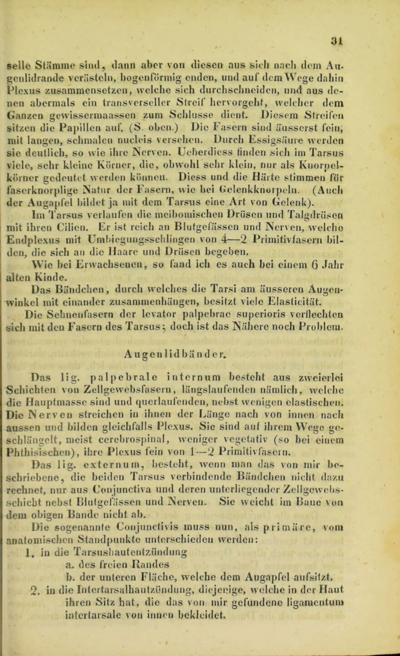 seile Stämme siml, dann aber von diesen ans slcli nach dom A«. gcnlidrande verästeln, bogentormig enden, und auf dem Woge dabin Plexus zusammensetzen, welche sich durebsebneiden, und aus de- nen abermals ein transvorscller Streif bervorgebt, welcher dem Ganzen gewissennaassen zum Schlüsse dient. Diesem Streifen sitzen die Papillen auf. (S. oben.) Die Fasern sind änsserst fein, mit langen, schmalen nuclois versehen. Durch Essigsäure werden sie deutlich, so wie ihre Nerven. Ueherdiess tinden sich im Tarsus viele, sehr kleine Körner, die, obwohl sehr klein, nur als Knorpcl- körner gedeutet werden können. Diess und die Härte stimmen für faserknorplige Natur der Fasern, wie bei (»elenkknorpoln. (Audi der Augapfel bildet ja mit dem Tarsus eine Art von Gelenk). Im Tarsus verlaufen die meiboniischen Drüsen und Talgdrüsen mit ihren Cilien. Er ist reich an Blutgefässen und Nerven, welche Endplexus mit Uinliiogungsschlingen von 4—2 Primitivtasern bil- den, die sich au die Haare und Drüsen begehen. Wie bei Erwaehsenen, so fand ich es auch bei einem G Jahr alten Kinde. Das Bändchen, durch welches die Tarsi am äusseren Augen- winkel mit einander Zusammenhängen, besitzt viele Elasticität. Die Sehnenfasern der Icvator palpebrac superioris vcrilechten sich mit den Fasern des Tarsus^ doch ist das Nähere noch Problem. A u g e n 1 i d b ä n d e r. Das lig. palpcbrale intern um besteht aus zweierlei Schichten von Zellgcwobsfasern, längslaufenden nämlich, welche die Hauptmasse sind und qucrlaufenden, nebst wenigen elastischen. Die Nerven streichen in ihnen der I^ängc nach von innen nach aussen und bilden gleichfalls Plexus. Sic sind aut ihrem Wege ge- schlängelt, meist cerebrospinal, weniger vegetativ (so bei einem Phthisischen), ihre Plexus fein von 1—2 Primitivfasein. Das lig. extern um, besteht, wenn man das von mir be- schriebene, die beiden Tarsus verbindende Bändchen nicht dazu rechnet, nur aus Conjunctiva und deren unterliegender Zeligewehs- ■schiebt nebst Blutgefässen und Nerven. Sie weicht im Baue von dem obigen Bande nicht ab. Die sogenannte Conjunctivis muss nun, als primäre, vom anatonii-schen Standpunkte unterschieden werden: 1, in die Tarsusliautentzündung a. des freien Randes b. der unteren Fläche, welche dem Augapfel anfsitzt. 2. in die Intci tarsalhautzündung, diejenige, welche in der Haut ihren Sitz hat, die das von mir gefundene ligamentum intcrtarsalc von innen bekleidet.