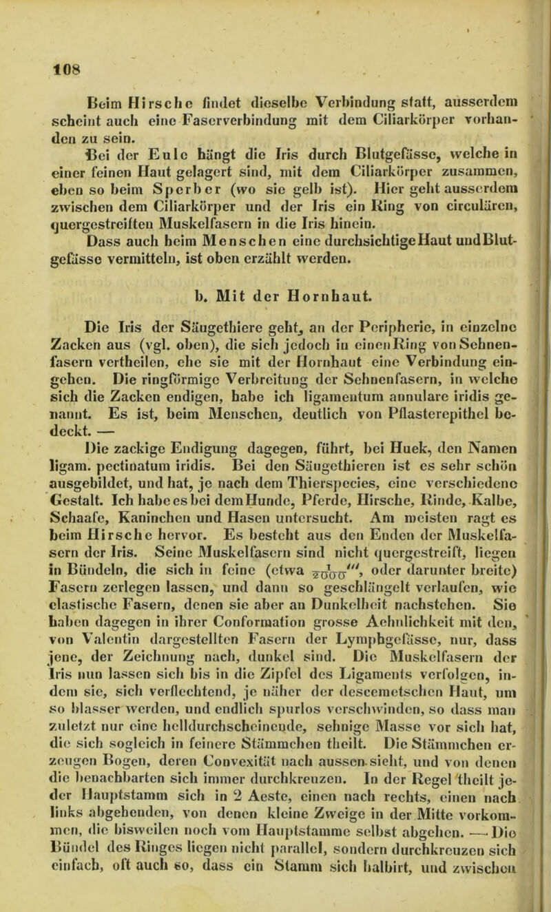 Beim Hirsdie fnidet dieselbe Verbindung statt, ausserdem scheint auch eine Faserverbindung mit dem Ciliarkörper vorhan- den zu sein. Bei der Eule hängt die Iris durch Blutgefässe, welche in einer feinen Haut gelagert sind, mit dem Ciliarkörper zusammen, eben so beim Sperber (wo sic gelb ist). Hier geht ausserdem zwischen dem Ciliarkörper und der Iris ein Ring von circulürcn, «juergestreifteu Muskelfasern in die Iris hinein. Dass auch heim Menschen eine durchsichtige Haut uudBlut- gcfiissc vermitteln, ist oben erzählt werden. b. Mit der Hornhaut. Die Iris der Säugetliiere geht, an der Peripherie, in einzelne Zacken aus (vgl. oben), die sich jedoch in einen Ring von Sehnen- fasern vertheilen, ehe sie mit der Hornhaut eine Verbindung ein- gcheii. Die ringförmige Verbreitung der Sehnenfasern, in welche sich die Zacken endigen, habe ich ligameutum annulare iridis ge- nannt. Es ist, beim Menschen, deutlich von Pflasterepithel be- deckt. — Die zackige Endigung dagegen, führt, bei Huek, den Namen ligam. pectinatum iridis. Bei den Säugethieren ist es sehr schön ausgebildet, und hat, je nach dem Thierspecies, eine verschiedene Gestalt. Ich habe es bei dem Hunde, Pferde, Hirsche, Rinde, Kalbe, Schaafe, Kaninchen und Hasen untersucht. Am meisten ragt cs beim Hirsche hervor. Es besteht aus den Enden der Muskelfa- sern der Iris. Seine Muskelfasern sind nicht quergestreift, liegen in Bündeln, die sich in feine (etwa oder darunter breite) Fasern zerlegen lassen, und dann so geschlängelt verlaufen, wie elastische Fasern, denen sic aber an Dunkelheit nachstchen. Sie Laben dagegen in ihrer Conforraation grosse Aehidichkeit mit den, von Valentin dargcstellten Fasern der Lympbgefässe, nur, dass jene, der Zeichnung nach, dunkel sind. Die Muskelfasern der Iris nun lassen sich bis in die Zipfel des Eigamenls verfolgen, in- dem sic, sich verncchtend, je näher der desccmetschcn Haut, um so blasser werden, und endlich spurlos verschwinden, so dass man zuletzt nur eine helldurchschcineude, sehnige Masse vor sich hat, die sich sogleich in feinere Stämmchen tlieilt. Die Stämmchen er- zeugen Bogen, deren Convexität nach aussen-sieht, und von denen die benachbarten sich immer durchkreuzen. In der Regel thcilt je- der Ilauptstamm sich in 2 Aeste, einen nach rechts, einen nach links abgehenden, von denen kleine Zweige in der Mitte Vorkom- men, die bisweilen noch vom Haiiptstamme selbst abgelien. — Dio Bündel des Ringes liegen nicht parallel, sondern durchkreuzen sich einfach, oft auch so, dass ein Stamm sich halbirt, und zwischen