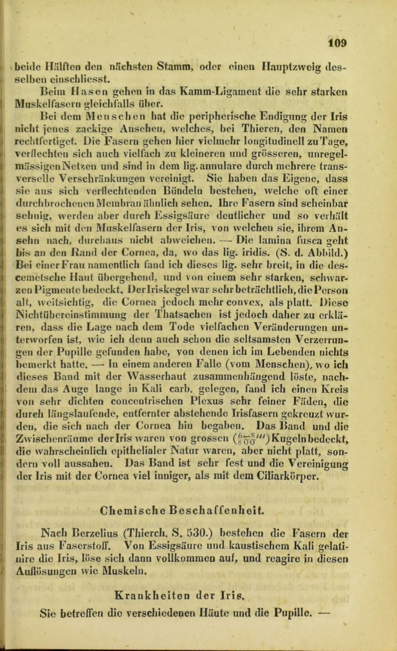 I 109 H (beide Hälften den nächsten Stamm, oder einen Ilauptzvveig dcs- I selben einscbliesst. 1 Beim Hasen gehen in das Kamm-Ligament die sehr starken I Muskelfasern gleichfalls über. Bei dem Menschen hat die peripherische Endigung der Iris t nicht icncs zackige Ansehen, welches, bei Thiercn, den Namen } rechtfertiget. Die Fasern gehen hier vielmehr longitudinell zuTage, vcrnechtcn sich auch vielfach zu kleineren und grösseren, unregel- mässigen Netzen und sind in dem lig.annulare durch mehrere trans- versellc Verschränkungen vereinigt. Sie haben das Eigene, dass sie aus sich verllechtendcn Bündeln bestehen, welche oft einer durchbrochenen Membran ähnlich sehen. Ihre Fasern sind scheinbar sehnig, werden aber durch Essigsäure deutlicher und so verhält es sich mit d('n IMuskelfasern der Iris, von welchen sie, ihrem An- sehn nach, durchaus nicht abwcichcn. —• Die laniina fiisca geht bis an den Rand der Cornea, da, w(» das lig. iridis. (S. d. Abbild.) Bei einerFrau namentlich fand ich dieses lig. sehr breit, in die des- cemetsche Haut übergehend, und von einem sehr starken, schwar- zen Bigmente bedeckt. Der Iriskegel war sehr beträchtlieh, die Person alt, weitsichtig, die Cornea jedoch mehr convex, als platt. Diese Nichtübereinstimmung der Thatsachen ist jedoch daher zu erklä- ren, dass die Lage nach dem Tode vielfachen Veränderungen un- terworfen ist, wie ich denn auch schon die seltsamsten Verzerrun- gen der Pupille gefunden habe, von denen ich im Lebenden nichts bemerkt hatte. —• In einem anderen Falle (vom Menschen), wo ich dieses Band mit der Wasserhaut zusammenhängend löste, nach- dem das Auge lange in Kali carb. gelegen, fand ich einen Kreis von sehr dichten conccutrischen Plexus sehr feiner Fäden, die durch längslaufende, entfernter abstehende Irisfasern gekreuzt wur- den, die sich nach der Cornea hin begaben. Das Band und die Zwischenräume der Iris waren von grossen Kugeln bedeckt, die wahrscheinlich epithelialer Natur waren, aber nicht platt, son- dern voll aussahen. Das Band ist sehr fest und die Vereinigung der Iris mit der Cornea viel inniger, als mit dem Ciliarkörper. t Chemische Beschaffenheit. i Nach Berzelius (Thicrch. S. 530.) bestehen die Fasern der 1 Iris aus FaserstolT. Von Essigsäure und kaustischem Kali gelati- I nirc die Iris, löse sich dann vollkommen auf, und reagire in diesen i Auflösungen wie Muskeln. Krankheiten der Iris. Sie betreffen die verschiedenen Häute und die Pupille. —