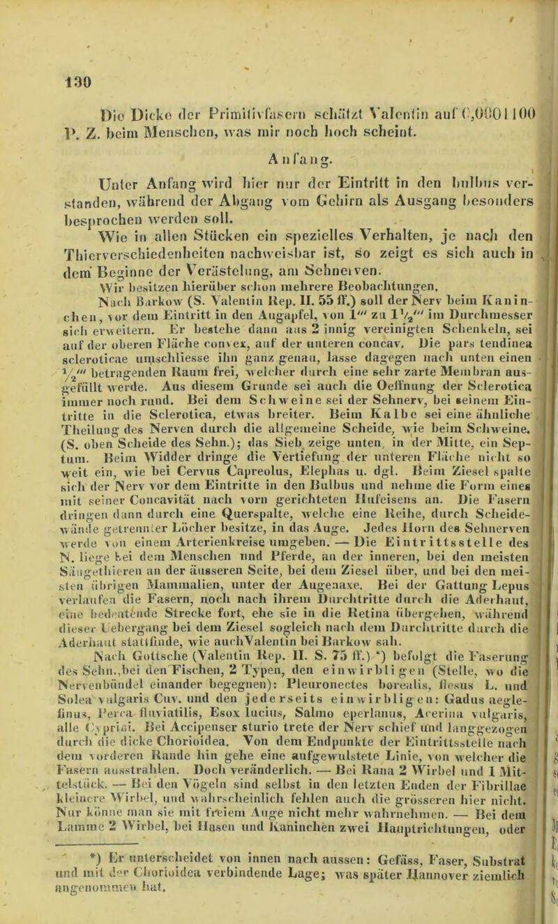 / 130 Die üioko der Primilivraseni scliäfzt W'ilonliu aiil (',0001 100 P. Z. beim Mciiscbei), was mir noch hoch scheint. A IIlang. Unter Anfang wird hier nnr der Eintritt in den Inilhns ver- standen, während der Abgang vom Ueliirn als Ausgang besonders besprochen werden soll. Wie ln allen Stücken ein spezielles Verhalten, je nach den Thierverschiedenheiten nachweisbar ist, so zeigt cs sich auch in dein Beginne der Verästelung, am Schneiven. Wir besitzen liieriiber s< lion iiielirere Beobachtungen. Nach ßarkow (S. Yaleniin Bei). II. 551V.) soll der Nerv heim Kanin- chen, ^ür dem Eintritt in den Augajjfel, von 1' zu IV^' im Durchmesser sii h evMeitern. Er bestehe dann ans 2 innig vereinigten Schenkeln, sei auf der oberen Fläche convex, auf der unteren concav, Die pars tendinea scleroticae uinscliliesse ihn ganz genau, lasse dagegen nach unten einen betrageiuien Raum frei, velcher durch eine sehr zarte Membran aus- gefüllt Averde. Aus diesem Grunde sei auch die Oelfnung der Sclerotii a immer noch rund. Bei dem S(;hw eine sei der Sehnerv, bei seinem Ein- tritte in die Sclerotica, etwas breiter. Beim Kalbe sei eine ähnliche Theilung des Nerven durch die allgemeine Scheide, wie beim Sidiweine. (S. üben Scheide des Sehn.); das Sieb, zeige unten, in der Mitte, ein Sep- tum. Beim Wädder dringe die Vertiefung der unteren Fläche ni( ht so weit ein, wie bei Cervus Capreolus, Elephas u. dgl. Beim Ziesel spalte sich der Nerv vor dem Eintritte in den Bulbus und nehme die Form eines mit seiner Concavität nach Aorn gerichteten Hufeisens an. Die Fasern dringen dann durch eine Querspalte, Avelche eine Reihe, durch Scheide- Avände getrennter Löcher besitze, in dtis Auge. Jedes Horn des Sehnerven Averde von einem Arterienkreise umgeben. — Die Eintrittsstelle des N. liege Kei dem Menschen und Pferde, an der inneren, bei den meisten Säiigetliieren an der äusseren Seite, bei dem Ziesel über, und bei den mei- sten übrigen 3lammalien, unter der Augeaaxe. Bei der Gattung Lepus verlaufen die Fasern, noch nach ihrem Durchtritte durch die Adeihaut, eine bedeutende Strecke fort, ehe sie in die Retina übergehen, Avährenil dieser Uebergang bei dem Ziesel sogleich nach dem Durchtritte durch die Aderiiaiit stattlinde, Avie auchValentin bei BarkoAv sah. Nach Gottsche (Valentin Rep. 11. S. 73 IV.) *) befolgt die Faserung des Sehn.,bei den Fisi'hen, 2 Typen, den eiii av i rbl i gen (Stelle, avo die Nervenbündel einander begegnen): Pleuronectes borealis, liesu.s L. und Solea vulgaris Cuv. und den jederseits e i ii w i r bl ig e n: Gadus aegle- liiius, Perca lluviatilis, Esox lucius, Saliiio eperlaiiiis, Aceriiia vulgaris, alle ('.vpriisi. Bei Accipenser sturio trete der Nerv schief mul langgezogen durch die dicke Chorioidea. Von dem Endpunkte der Eintrittsstelle nach dem A orderen Rande hin gehe eine aufgeAvul.stete Linie, von Avelcher die Fasern aiisstrahlen. Doch veränderlich. — Bei Rana 2 Wirbel und 1 Mit- teUtück. — Bei den Vögeln sind selbst in den letzten Enden der Fibrillae kleinere Wirbel, und avabrscheinlich fehlen auch die grösseren hier nicht. Nur könne man sie mit IWiem Auge nicht mehr Avahrnehmen. — Bei dem Lamme 2 \Virbel, bei Hasen und Kaninchen ZAvei Hauptrichtungen, oder *) Er unterscheidet von innen nach aussen: Gefäss, Faser, Substrat und mit J“'- Chorioidea verbindende Lage; Avas später Hannover ziemlich angenommen hat.