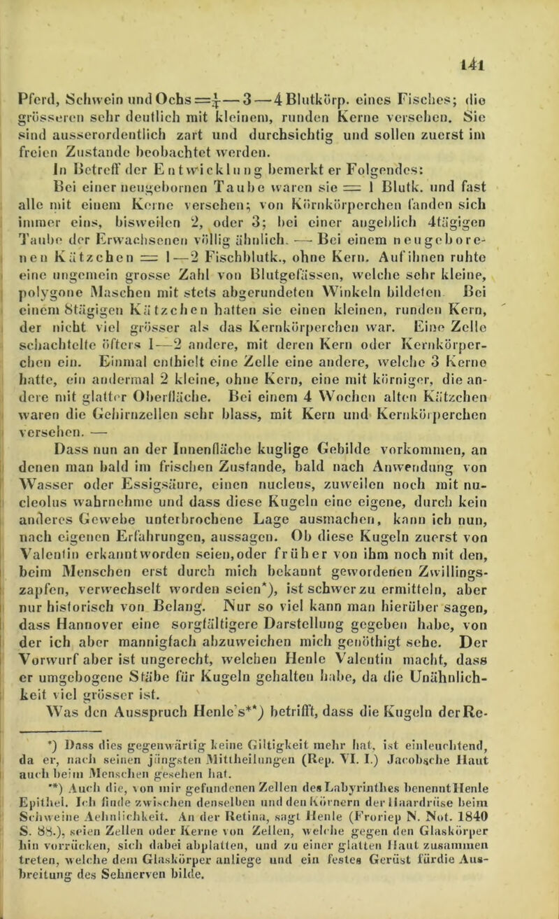 Pferd, Schuein und Ochs —3 — 4BIiitkörp. eines Fisches; die grösseren sehr deutlich mit kleinen), runden Kerne versehen. Sie sind ausserordentlich zart und durchsichtig und sollen zuerst iiu freien Zustande heohachtet werden. In lictretf der Entwicklung hcnierkt er Folgendes: Hei einer neugehornen Taube waren sie = 1 Blutk. und fast alle mit einem Kerne versehen; von Körnkörpcrchen fanden sich inimer eins, bisweilen ‘2, oder 3; bei einer angeblich 4tägigen Taube der Erwachsenen völlig ähnlich. •—• Bei einem neugebore- nen Kätzchen = 1—2 Fischblutk., ohne Kern. Aufihtien ruhte eine ungemein grosse Zahl von Blutgefässen, welche sehr kleine, polygone iMaschcn mit stets abgerundeten Winkeln bildeten Bei einem Htägigen Kätzchen hatten sie einen kleinen, runden Kern, der nicht viel grösser als das Kernkörperchen war. Eine Zelle schachtelte öfters 1—2 andere, mit deren Kern oder Kernkörper- chen ein. Einmal enthielt eine Zelle eine andere, welche 3 Kerne hatte, ein andermal 2 kleine, ohne Kern, eine mit körniger, die an- dere mit glatte r OI)er(läche. Bei einem 4 Wociicn alter) Kätzchen waien die Gehirnzellen sehr blass, mit Kern und Kernköiperchen versehen. — Dass nun an der Innenlläche kuglige Gebilde Vorkommen, an i denen man bald in) frischen Zustande, bald nach Anwendung von j Wasser oder Essig.sänre, einen nuclens, zuweilen noch mit nu- i cleolus wahrnehrne und dass diese Kugeln eine eigene, durch kein I anderes Gewebe unterbrochene Lage ausmachen, kann ich nun, nach eigenen Erfahrungen, aussagen. Ob diese Kugeln zuerst von I Valentin erkannt worden seien, oder früher von ihm noch mit den, j beim IVIenschen erst durch mich bekaunt gewordenen Zwillings- I zapfen, verwechselt worden seien*), ist schwer zu ermitteln, aber nur historisch von Belang. INur so viel kann man hierüber sagen, dass Hannover eine sorgfältigere Darstellung gegeberr habe, von der ich aber mannigfach abzuweichen mich gertöthigt sehe. Der Vorwurf aber ist ungerecht, welchen Henlc V'alcutin macht, dass er umgebogerrc Stäbe für Kugeln gehalten habe, da die Unähnlich- ; keit viel grösser ist. Was den Ausspruch Henlc’s**) betrifft, dass die Kugeln derRe- *) Dass dies gegeriMtirlig keine Giltigkeit inelir fiat, i.st einleiirbtend, I da er, nacli seinen jüngsten Mitliieilnngen (Rej». VI. I.) Jaeot)selie Haut I auch heim Mensclien gesellen liat. ’*) .\ucli die, \on mir gefundenen Zellen desLahyrinllies henenntllenle Epithel. Ich linde zwisclien denselhen und den körnern der liaardrüse heim Si'iiweine Aelinlichkeit. An <ler Retina, sagt Heule (I'Voriep N. Not. 1840 S. 88.), seien Zellen oder Kerne von Zellen, welche gegen den Glaskörper hin vorrüeken, sich dahei ahplatten, und zu einer glatten Haut /.usammen treten, welche dem Glaskörper anliege und ein festes Gerüst fürdie Aus- breitung des Sehnerven bilde.