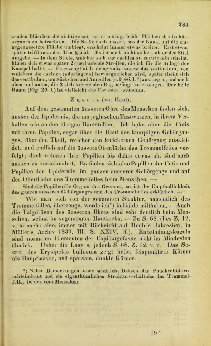 zemleii Rliischeu ilie rh Jiti«>e.»ei, ist es iiötlii'!^, beule Fbu heii iles Geliör- üi’g:anes zu betriu liten. üie Stelle nach aussen, m o der Kanal anl' die ent- gegengesetzte Fliu lie nmbiegf, eis< liciiit iiumer etwas breiter. I'h-st etwas später trill't man «len 3ten Kanal. Fs ist noch nicht sicher, ob er den Stiel umgebe. — In «lern Stiele, weh'her .sich zur cuchlea zu entwickeln s(dieint, bilden sii h etw as später 2 querlaul'ende Streifen, tlie ich für die Anlage der Knorpel halte. — Fs erzeugt sich demgemäss zuerst das vestibulum, von welchem die cochlea (oderlngcna) hervorgetriebeii w ir«l, später theilt sich das vestibulum, um Säckchen und Ampullen (s. F.4(*. l.?)auzulegen, und nach oben und unteu, die 2 sich kreuzenden Hogengänge zu erzeugen. Der lielle Kaum (Fig 20. I.) ist vielleicht das Foramen rotuiiduiu. Z u s a t z (zur Haut). Auf (lern gesammten äu««.seicn Oliie ilesMcnschcn fimlcii sich, ausser der Epidermis, die malpighischenTasttvarzen, iu ihrem Ver- halten n ie an den übrigen Ilautstollen. Ich habe aber die Cutis mit ihren Papillen, sogar über die Haut des knorpligen Clchörgan- ges, über den Theil, welcher den knöchernen Gehörgang auskici- det, und endlich auf die äus.^ereOberfläche des Trommelfelles ver- folgt; doch nelimen ihre Papillen bis dahin etwas ab, sind nach aussen zu verschmälert. Es finden sich also Papillen der Cutis und Papillen der Epidermis im ganzen äusseren Gehörgangc und auf der Obeifläche des Trommelfelles beim Menschen. — Sind die Papillen die Organe des Getastes, so i.st die Em|)(indliclikeit des ganzen äus.seren Gehörganges und des Trommelfelles erklärlich. — Wie man sich von der genannten Struktur, namentlich des Trommelfelles, überzeuge, werde ich*) in Bälde mittheilcn. — Auch die Talgdrüsen des äusseren Obres sind sehr deutlich beim Men- schen, selbst im sogetiannten Hautkreljs. — Zu S. G8. (lies Z. 12. V. u. nach: also, immer mit Rücksicht auf Henle's Jahresber. in Müllcr’s Archiv IS39. 111. S. XXI ff.). Entzündungskugcln sind normalen Elementen der Capill.irgefässe nicht im Mindesten ähnlich. Ueber die Lage s. jedoch S. ü8. Z. 12. v. ii. Das Se- cret des Erysipelas bullosum .zeigt helle, feinpunktiilc Körner als Hauptmasse, und sparsam, dunkle Körner. f *) Meb.st Bemerkungen über wirkliidie Drüsen der Pauckenhöhlen- schleimhaut und ein eigeuthüiulkhes Struktur« erhältuiss im Trommel- felle, beides vom Meusciien. l'.l *