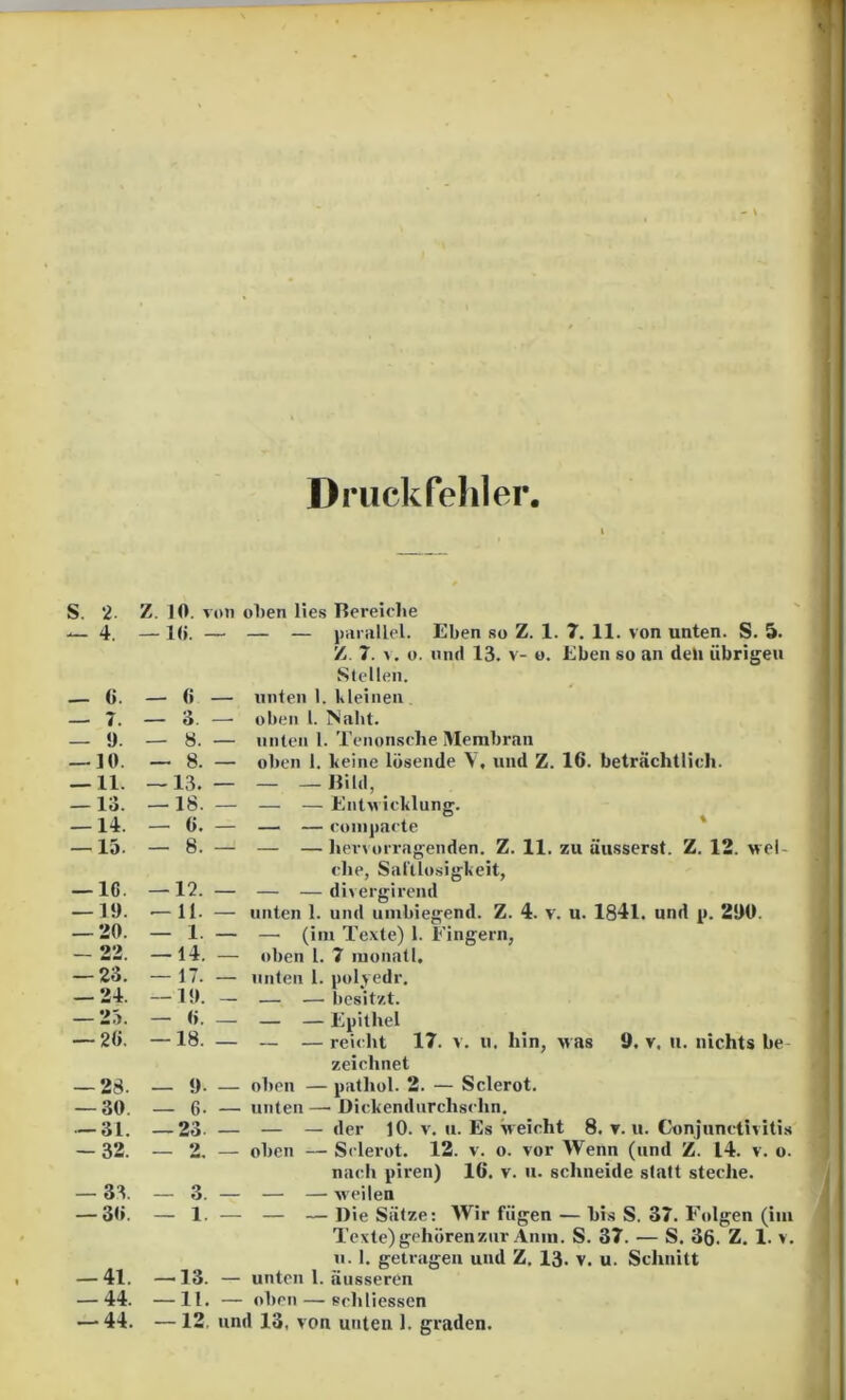 Druckfehler S. 2- Z. 10. von oLen lies Rereiclie — 4. —10. - — — — j)iimllel. Eben so Z. 1. 7. 11. von unten. S. 5. Z. 7. \, 0. und 13. v- o. Eben so an deli übrigen Stellen. — 6. — 0 — unten 1. kleinen — 7. — 3. — oben l. iNalit. — !). — 8. — unten 1. Tenonsclie IMembran — 10. — 8. — oben 1, keine lösende V, und Z. 16. beträchtlich. — 11. — 13. — — — Bild, — 13. — 18. — — — Entuieklung. — 14. — 6. — — — eoiiiimete ' —15. — 8. — — —Ijevvorragenden. Z. 11. zu üusserst. Z. 12. Mol- che, Saltlosigkeit, — 16. — 12. — — — divergirend — 19. — 11. — unten 1. und uiubiegend. Z. 4. v. u. 1841. und p. 290. — 20. — 1. — — (ini Texte) 1. Fingern, 22 — 14. — oben l. 7 luoiiatl. — 23. — 17. — unten 1. pol^^edr. — — —• besitzt. — 24. — 19. — 25. — 0. — — — Epithel — 2«. — 18. — — — reicht 17. v. u. hin, uas 9. v, u. nichts be- zeichnet — 28. — 9. — oben — pathol. 2. — Sclerot. — 30. — 6. — unten — Dickendurchsehn, — 31. — 23 — — — der 10. V, u. Es Sveicht 8. v. u. Conjunctivitis -32. 2. — oben — Sclerot. 12. v. o. vor Wenn (und Z. 14. v. o. nach piren) 16. v. ii. schneide statt steche. — 33. — 3. — — — weilen — 30. — 1. — — — Die Sätze: Wir fügen — bis S. 37. Folgen (iiii Texte)gehörenzurAnni. S. 37. — S. 36. Z. 1. v. u. 1. getragen und Z. 13. v. u. Schnitt — 41. — 13. — unten 1. äusseren — 44. — 11. — oben — schliessen