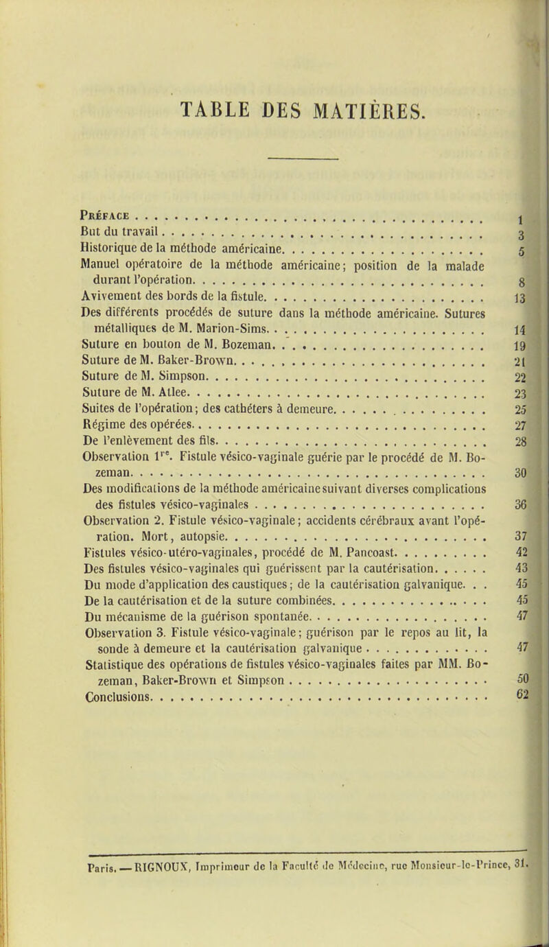 TABLE DES MATIÈRES. Préface j But du travail 3 Historique de la méthode américaine 5 Manuel opératoire de la méthode américaine; position de la malade durant l’opération 8 Avivement des bords de la fistule 13 Des différents procédés de suture dans la méthode américaine. Sutures métalliques de M. Marion-Sims 14 Suture en bouton de M. Bozeman 19 Suture deM. Baker-Brown. 21 Suture de M. Simpson 22 Suture de M. Atlee 23 Suites de l’opération ; des cathéters à demeure 25 Régime des opérées 27 De l’enlèvement des fils 28 Observation lre. Fistule vésico-vaginale guérie par le procédé de M. Bo- zeman 30 Des modifications de la méthode américaine suivant diverses complications des fistules Yésico-vaginales 36 Observation 2. Fistule vésico-vaginale ; accidents cérébraux avant l’opé- ration. Mort, autopsie 37 Fistules vésico-utéro-vaginales, procédé de M. Pancoast 42 Des fistules vésico-vaginales qui guérissent par la cautérisation 43 Du mode d’application des caustiques ; de la cautérisation galvanique. . . 45 De la cautérisation et de la suture combinées 45 Du mécanisme de la guérison spontanée 47 Observation 3. Fistule vésico-vaginale; guérison par le repos au lit, la sonde à demeure et la cautérisation galvanique 47 Statistique des opérations de fistules vésico-vaginales faites par MM. Bo- zeman, Baker-Brown et Simpson 50 Conclusions 62 pari5, RIGNOUX, Imprimeur de la Faculté de Médecine, rue Monsicur-Ic-l’rince, 31.