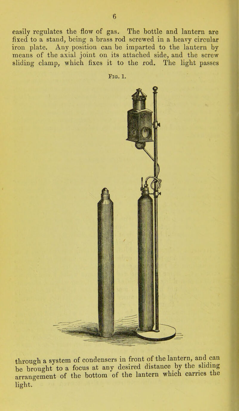 easily regulates the flow of gas. The bottle and lantern are fixed to a stand, being a brass rod screwed in a heavy circular iron plate. Any position can be imparted to the lautern by means of the axial joint on its attached side, and the screw sliding clamp, which fixes it to the rod. The light passes Fio. 1. through a system of condensers in front of the lantern, and can be brought to a focus at any desired distance by the sliding arrangement of the bottom of the lantern which carries the light.