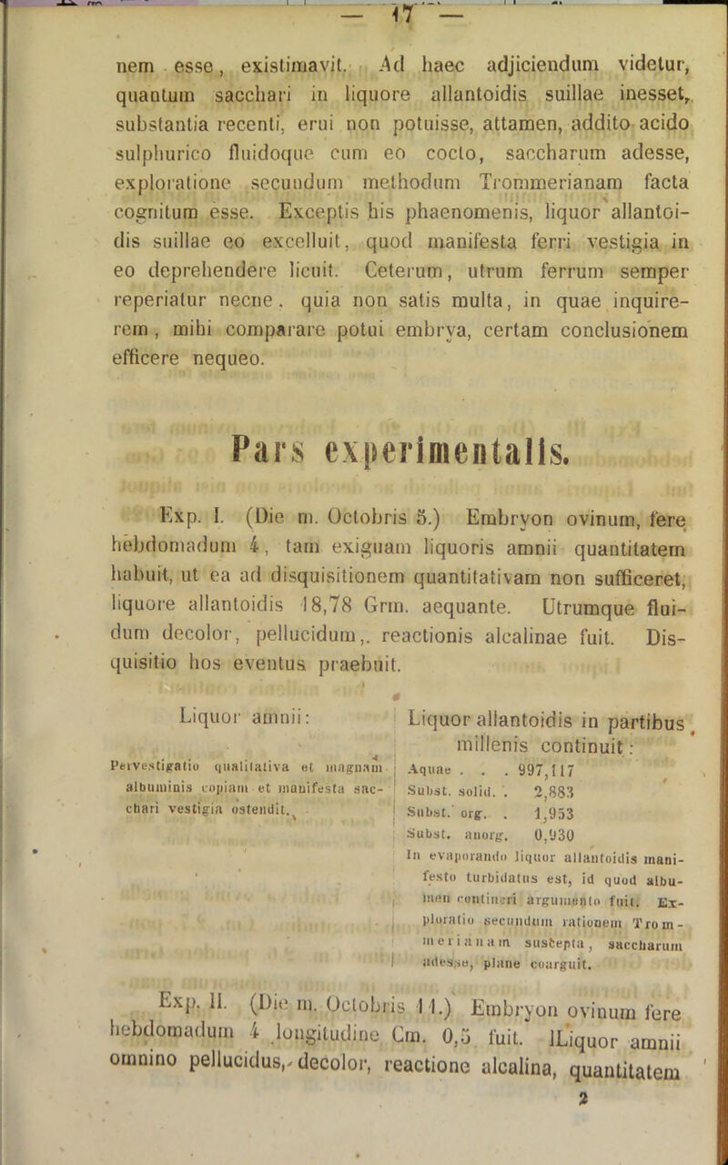 nem esse, existimavit.-.Ad haec adjiciendum videtur, quantum sacchari in liquore allantoidis suillae inesset, substantia recenti, erui non potuisse, attamen, addito-acido sulphurico fluidoque cum eo cocto, saccharum adesse, exploratione secundum methodum Trommerianam facta cognitura esse. . Exceptis his phaenomenis, liquor allantoi- dis suillae eo excelluit, quod manifesta ferri vestigia in eo deprehendere licuit. Ceterum, utrum ferrum semper reperiatur necne, quia non vsatis multa, in quae inquire- rem , mihi comparare potui embrya, certam conclusionem efficere nequeo. * ' f Pars exi)erimentalls. Exp. I. (Die m. Octobris 5.) Embryon ovinum, fere hebdomadum 4, tam exiguam liquoris amnii quantitatem habuit, ut ea ad disquisitionem quantitativam non sufficeret, liquore allantoidis 18,78 Grm. aequante. Utrumque flui- dum decolor, pellucidum,, reactionis alcalinae fuit. Dis- quisitio hos eventus praebuit. iquor amnii Peive.stifratio qualilativa et magn.inr albuminis copiam ct manifesta sac- chari vestigia ostendit.^ I Ui / f ,M -i :..i if' N Liquor allantoidis in partibus millenis continuit: 997,117 ■i:« Aquae . Subst. solid. '. 2,883 Siibst. org. . 1,953 Subst. aiiorg, 0,930 In evaporando liquor allantoidis mani- festo turbidatus est, id quod albu- itiflii contineri argumento fiiit. Ex- ploratio secundum rationem Trom- m e 1 i a II a m sustepla , saccharum ades.se, plane coarguit. - rfjl Exp. II. (Die in. Octobris M.) Embryon ovinum fere hebdomadum 4 .longitudine Cra. 0,5 fuit. ILiquor amnii omnino pellucidus,^decolor, reactione alcalina, quantitatem.