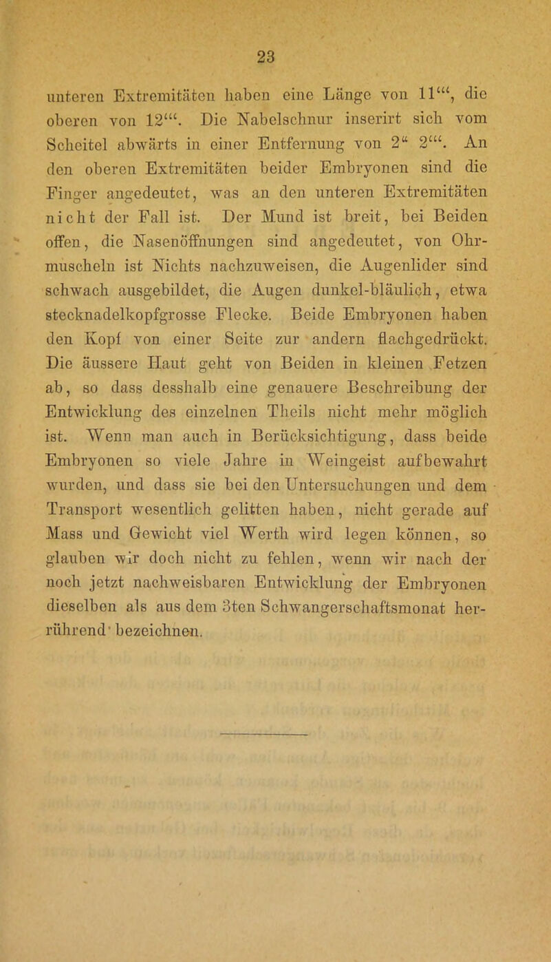 unteren Extremitäten haben eine Länge von 11“‘, die oberen von 12‘“. Die Nabelschnur inserirt sich vom Scheitel abwärts in einer Entfernung von 2“ 2lu. An den oberen Extremitäten beider Embryonen sind die Pinser ansedeutet, was an den unteren Extremitäten nicht der Fall ist. Der Mund ist breit, bei Beiden offen, die Nasenöffnungen sind angedeutet, von Ohr- muscheln ist Nichts nachzuweisen, die Augenlider sind schwach ausgebildet, die Augen dunkel-bläulich, etwa stecknadelkopfgrosse Flecke. Beide Embryonen haben den Ivopf von einer Seite zur andern flachgedrückt. Die äussere Iiaut geht von Beiden in kleinen Fetzen ab, so dass desshalb eine genauere Beschreibung der Entwicklung des einzelnen Theils nicht mehr möglich ist. Wenn man auch in Berücksichtigung, dass beide Embryonen so viele Jahre in Weingeist auf bewahrt wurden, und dass sie bei den Untersuchungen und dem Transport wesentlich gelitten haben, nicht gerade auf Mass und Gewicht viel Werth wird legen können, so glauben wir doch nicht zu fehlen, wenn wir nach der noch jetzt nachweisbaren Entwicklung der Embryonen dieselben als aus dem 3ten Schwangerschaftsmonat her- rührend* bezeichnen.