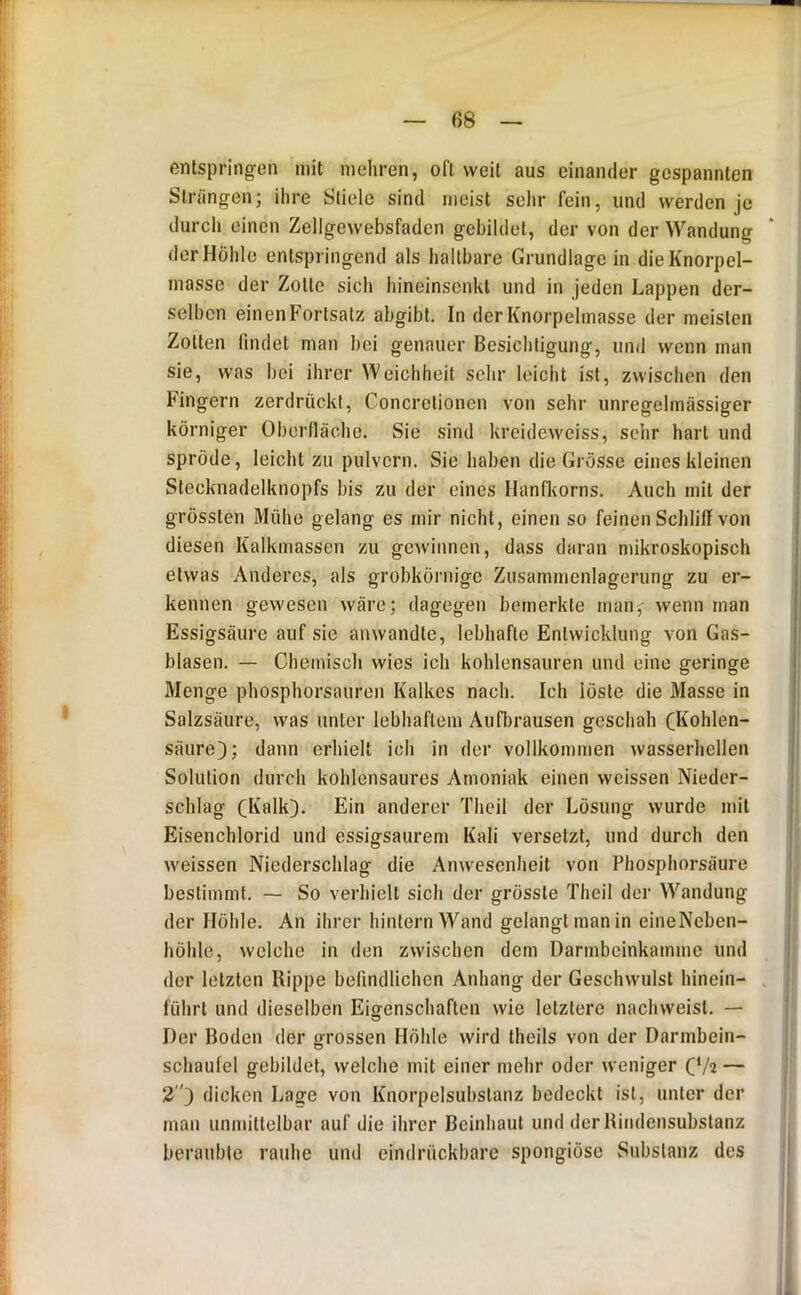 entspringen mit mehren, oft weit aus einander gespannten Strängen; ihre Stiele sind meist sehr fein, und werden je durch einen Zellgewebsfaden gebildet, der von der Wandung der Hohle entspringend als haltbare Grundlage in die Knorpel- masse der Zolle sich hineinsenkt und in jeden Lappen der- selben einen Fortsatz abgibt. In der Knorpelmasse der meisten Zotten findet man bei genauer Besichtigung, und wenn man sie, was bei ihrer Weichheit sehr leicht ist, zwischen den Fingern zerdrückt, Concrctionen von sehr unregelmässiger körniger Oberfläche. Sie sind kreideweiss, sehr hart und spröde, leicht zu pulvern. Sie haben die Grösse eines kleinen Stecknadelknopfs bis zu der eines Hanflvorns. Auch mit der grössten Mühe gelang es mir nicht, einen so feinen Schliff von diesen Kalkmassen zu gewinnen, dass daran mikroskopisch etwas Anderes, als grobkörnige Zusammenlagerung zu er- kennen gewesen wäre; dagegen bemerkte man, wenn man Essigsäure auf sie anwandte, lebhafte Entwicklung von Gas- blasen. — Chemisch wies ich kohlensauren und eine geringe Menge phosphorsauren Kalkes nach. Ich löste die Masse in Salzsäure, was unter lebhaftem Aufbrausen geschah CKohlen- säure); dann erhielt ich in der vollkommen wasserhellen Solution durch kohlensaures Amoniak einen weissen Nieder- schlag CKalk). Ein anderer Thcil der Lösung wurde mit Eisenchlorid und essigsaurem Kali versetzt, und durch den weissen Niederschlag die Anwesenheit von Phosphorsäure bestimmt. — So verhielt sich der grösste Theil der Wandung der Höhle. An ihrer hintern Wand gelangtmanin eineNeben- höhle, welche in den zwischen dem Darmbeinkamme und der letzten Rippe befindlichen Anhang der Geschwulst hinein- führt und dieselben Eigenschaften wie letztere nachweisl. — Der Boden der grossen Höhle wird theils von der Darmbein- schaufei gebildet, welche mit einer mehr oder weniger O/2 — 2) dicken Lage von Knorpelsubslanz bedeckt ist, unter der man unmittelbar auf die ihrer Beinhaul und der Rindensubstanz beraubte rauhe und eindrückbare spongiöse Substanz des