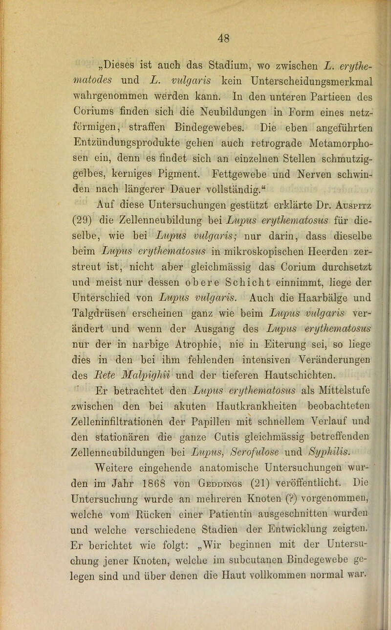 „Dieses ist auch das Stadium, wo zwischen L. erythe- matodes und L. vulgaris kein Unterscheidungsmerkmal wahrgenommen werden kann. In den unteren Partieen des Coriums finden sich die Neubildungen in Form eines netz- förmigen, straffen Bindegewebes. Die eben angeführten Entzündungsprodukte gehen auch retrograde Metamorpho- sen ein, denn es findet sich an einzelnen Stellen schmutzig- gelbes, kerniges Pigment. Fettgewebe und Nerven schwin- den nach längerer Dauer vollständig.“ Auf diese Untersuchungen gestützt erklärte Dr. Auspitz (29) die Zellenneubildung bei Lupus erythematosus für die- selbe, wie hei Lupus vulgaris; nur darin, dass dieselbe beim Lupus erythematosus in mikroskopischen Heerden zer- streut ist, nicht aber gleichmässig das Corium durchsetzt und meist nur dessen obere Schicht einnimmt, liege der Unterschied von Lupus vulgaris. Auch die Haarbälge und Talgdrüsen erscheinen ganz wie beim Lupus vulgaris ver- ändert und wenn der Ausgang des Lupus erythematosus nur der in narbige Atrophie, nie in Eiterung sei, so liege dies in den hei ihm fehlenden intensiven Veränderungen des Bete Malpigliii und der tieferen Hautschichten. Er betrachtet den Lupus erythematosus als Mittelstufe zwischen den bei akuten Hautkrankheiten beobachteten Zelleninfiltrationen der Papillen mit schnellem Verlauf und den stationären die ganze Cutis gleichmässig betreffenden Zellenneubildungen bei Lupus, Scrofulose und Syphilis. Weitere eingehende anatomische Untersuchungen wur- den im Jahr 1868 von Geddings (21) veröffentlicht. Die Untersuchung wurde an mehreren Knoten (?) vorgenommen, welche vom Rücken einer Patientin ausgeschnitten wurden und welche verschiedene Stadien der Entwicklung zeigten. Er berichtet wie folgt: „Wir beginnen mit der Untersu- chung jener Knoten, welche im subcutanen Bindegewebe ge- legen sind und über denen die Haut vollkommen normal war.