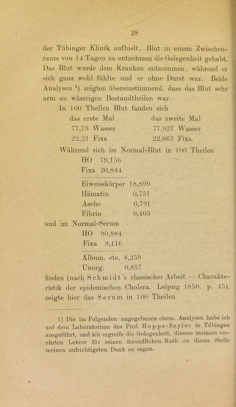 der Tübinger Klinik aufhielt, Blut in einem Zwischen- raum von 14 Tagen zu entnehmen die Gelegenheit gehabt. Das Blut wurde dem Kranken entnommen, während er sich ganz wohl fühlte und er ohne Durst war. Beide Analysen 0 zeigten übereinstimmend, dass das Blut sehr arm an wässrigen Bestandtheilen war. In 100 Theilen Blut fanden sich das erste Mal das zweite Mal 77,79 Wasser 77,937 Wasser 22,21 Fixa 22,068 Fixa. Während sich im Normal-Blut in 100 Theilen HO 79,156 Fixa 20,844 Eiweisskörper 18,899 Hämatin 0,751 Asche 0,791 Fibrin 0,403 Normal-Serum HO 90,884 Fixa 9,116 Album, etc. 8, ,259 Unorg. 0,857 Enden (nach Schmidt’s classischer Arbeit — Charakte- ristik der epidemischen Cholera. Leipzig 1850. p. 45), zeigte hier das Serum in 100 Theilen 1) Die im Folgenden angegebenen ehern. Analysen habe ich auf dem Laboratorium des Prof. Hoppe-Seyler in Tübingen ausgeführt, und ich ergreife die Gelegenheit, diesem meinem ver- ehrten Lehrer für seinen freundlichen Rath an dieser Stelle meinen aufrichtigsten Dank zu sagen.