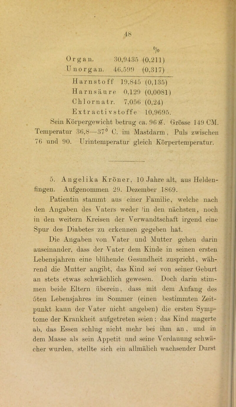 °/o Organ. 30,9435 (0.211) Unorgan. 40,599 (0,317) H a r n s t o ff 19,845 (0,135) Harnsäure 0,129 (0,0081) Chlornatr. 7,056 (0,24) Extractivstoffe 10.9695. Sein Körpergewicht betrug ca. 96 u. Grösse 149 CM. Temperatur 36,8—37° C. im Mastdarm , Puls zwischen 76 und 90. Urintemperatur gleich Körpertemperatur. 5. Angelika Kröner, 10 Jahre alt, aus Helden- iingen. Aufgenomnien 29. Dezember 1869. Patientin stammt aus einer Familie, welche nach den Angaben des Vaters weder 'in den nächsten, noch in den weitern Kreisen der Verwandtschaft irgend eine Spur des Diabetes zu erkennen gegeben hat. Die Angaben von Vater und Mutter gehen darin auseinander, dass der Vater dem Kinde in seinen ersten Lebensjahren eine blühende Gesundheit zuspricht, wäh- rend die Mutter angibt, das Kind sei von seiner Geburt an stets etwas schwächlich gewesen. Doch darin stim- men beide Eltern überein, dass mit dem Anfang des öten Lebensjahres im Sommer (einen bestimmten Zeit- punkt kann der Vater nicht angeben) die ersten Symp- tome der Krankheit aufgetreten seien; das Kind magerte ab, das Essen schlug nicht mehr bei ihm an , und in dem Masse als sein Appetit und seine Verdauung schwä- cher wurden, stellte sich ein allmälich wachsender Durst