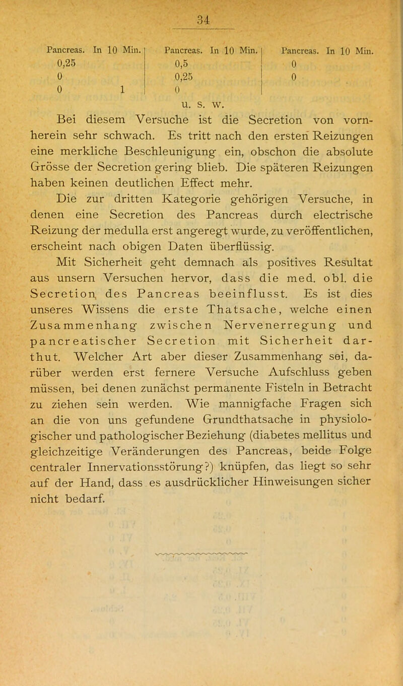 Fancreas. In 10 Min. 0,25 0 0 1 Pancreas. In 10 Min. 0,5 0,25 0 Pancreas. In 10 Min. 0 0 U. S. W. Bei diesem Versuche ist die Secretion von vorn- herein sehr schwach. Es tritt nach den ersten Reizungen eine merkliche Beschleunigung ein, obschon die absolute Grösse der Secretion gering blieb. Die späteren Reizungen haben keinen deutlichen Effect mehr. Die zur dritten Kategorie gehörigen Versuche, in denen eine Secretion des Pancreas durch electrische Reizung der medulla erst angeregt wurde, zu veröffentlichen, erscheint nach obigen Daten überflüssig. Mit Sicherheit geht demnach als positives Resultat aus unsern Versuchen hervor, dass die med. obl. die Secretion, des Pancreas beeinflusst. Es ist dies unseres Wissens die erste Thatsache, welche einen Zusammenhang zwischen Nervenerregun g und pancr eatischer Secretion mit Sicherheit dar- thut. Welcher Art aber dieser Zusammenhang sei, da- rüber werden erst fernere Versuche Aufschluss geben müssen, bei denen zunächst permanente Fisteln in Betracht zu ziehen sein werden. Wie mannigfache Fragen sich an die von uns gefundene Grundthatsache in physiolo- gischer und pathologischer Beziehung (diabetes mellitus und gleichzeitige Veränderungen des Pancreas, beide Folge centraler Innervationsstörung?) knüpfen, das liegt so sehr auf der Hand, dass es ausdrücklicher Hinweisungen sicher nicht bedarf.