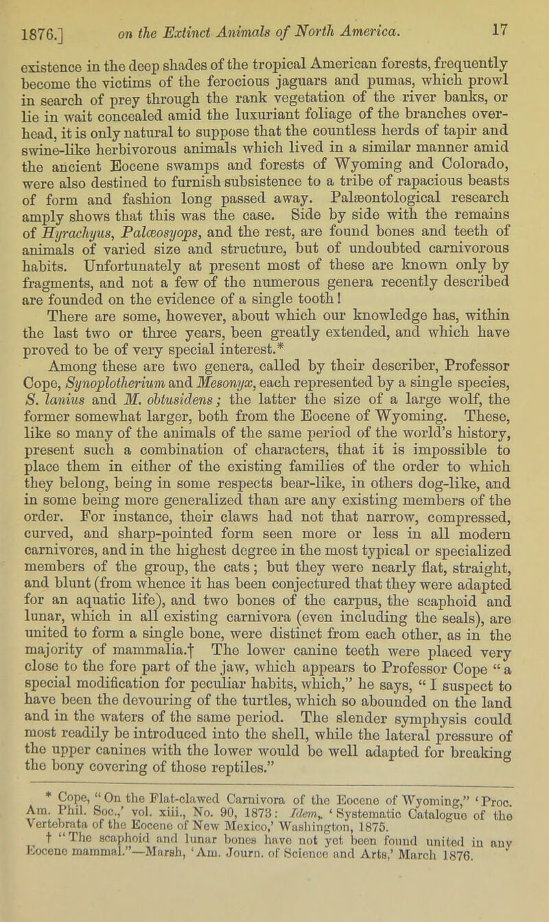 existence in the deep shades of the tropical American forests, frequently become the victims of the ferocious jaguars and pumas, which prowl in search of prey through the rank vegetation of the river banks, or lie in wait concealed amid the luxuriant foliage of the branches over- head, it is only natural to suppose that the countless herds of tapir and swine-like herbivorous animals which lived in a similar manner amid the ancient Eocene swamps and forests of Wyoming and Colorado, were also destined to furnish subsistence to a tribe of rapacious beasts of form and fashion long passed away. Palaeontological research amply shows that this was the case. Side by side with the remains of Hyrachyus, Palceosyops, and the rest, are found bones and teeth of animals of varied size and structure, but of undoubted carnivorous habits. Unfortunately at present most of these are known only by fragments, and not a few of the numerous genera recently described are founded on the evidence of a single tooth! There are some, however, about which our knowledge has, within the last two or three years, been greatly extended, and which have proved to be of very special interest.* Among these are two genera, called by their describer. Professor Cope, Synoplotherium and Mesonyx, each represented by a single species, S. lanius and M. dbtusidens; the latter the size of a large wolf, the former somewhat larger, both from the Eocene of Wyoming. These, like so many of the animals of the same period of the world’s history, present such a combination of characters, that it is impossible to place them in either of the existing families of the order to which they belong, being in some respects bear-like, in others dog-like, and in some being more generalized than are any existing members of the order. For instance, their claws had not that narrow, compressed, curved, and sharp-pointed form seen more or less in all modern carnivores, and in the highest degree in the most typical or specialized members of the group, the cats; but they were nearly flat, straight, and blunt (from whence it has been conjectured that they were adapted for an aquatic life), and two bones of the carpus, the scaphoid and lunar, which in all existing carnivora (even including the seals), are united to form a single bone, were distinct from each other, as in the majority of mammalia.f The lower canine teeth were placed very close to the fore part of the jaw, which appears to Professor Cope “ a special modification for peculiar habits, which,” he says, “ I suspect to have been the devouring of the turtles, which so abounded on the land and in the waters of the same period. The slender symphysis could most readily be introduced into the shell, while the lateral pressm-e of the upper canines with the lower would be well adapted for breaking the bony covering of those reptiles.” * Cope, “On the Plat-clawed Carnivora of the Eocene of Wyoming,” ‘Proc. Am. Phil. Soc.,’ vol. xiii., No. 90, 1873: Idatn^ ‘Systematic Catalogue of the Vertebrata of the Eocene of New Mexico/ Washington, 1875. t “The 8caj)hoid and lunar bones have not yet been found united in any Eocene mammal.”—Marsh, ‘Am. .Tourn. of Science and Arts,’ Marcli 1876.