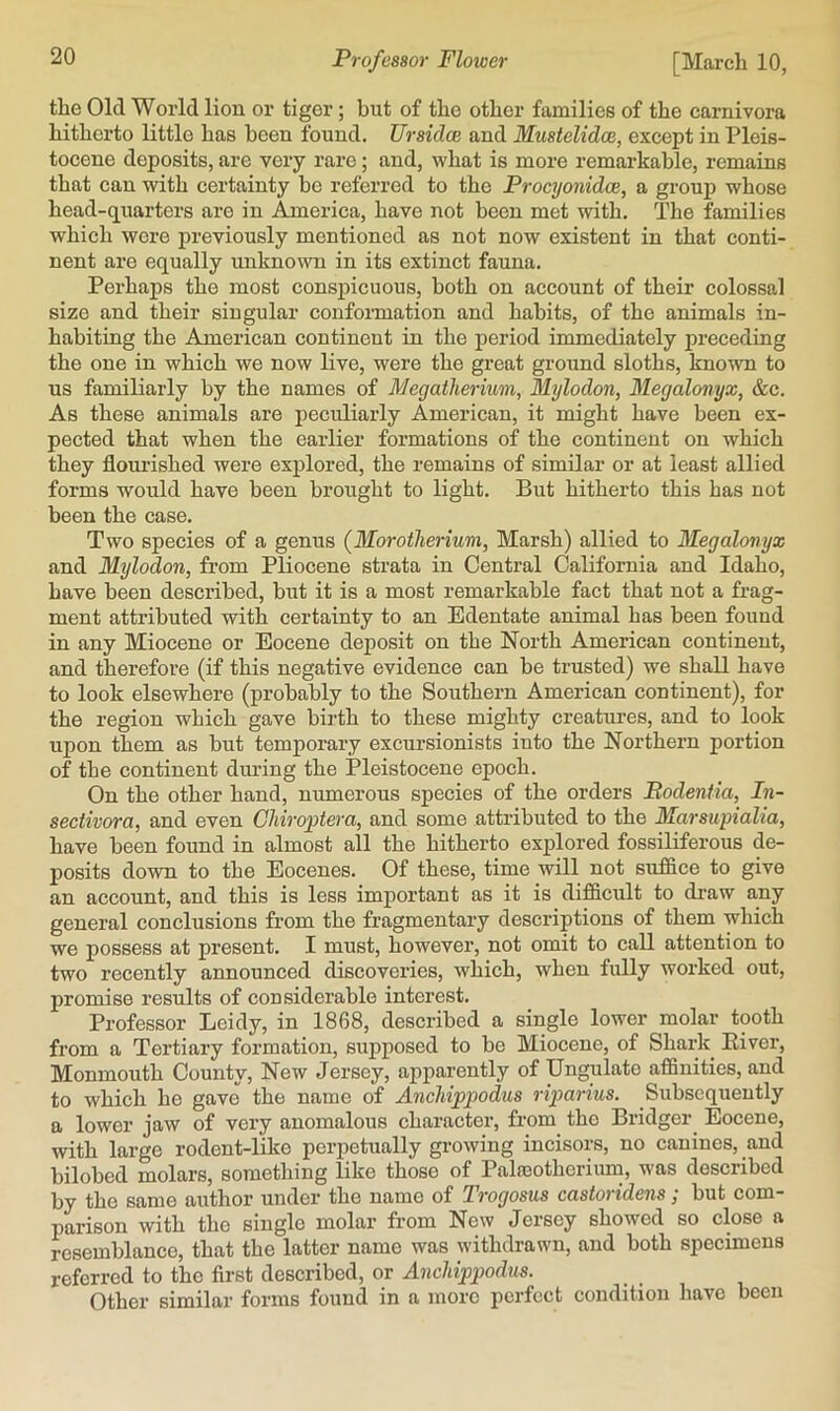 the Old World lion or tiger; but of the other families of the carnivora hitherto little has been found, Ursiclce and Mustelidce, except in Pleis- tocene deposits, are very rare; and, what is more remarkable, remains that can with certainty be referred to the Procijonidce, a group whose head-quarters are in America, have not been met with. The families which were previously mentioned as not now existent in that conti- nent are equally unknown in its extinct fauna. Perhaps the most conspicuous, both on account of their colossal size and their singular conformation and habits, of the animals in- habiting the American continent in the period immediately preceding the one in which we now live, were the great ground sloths, kno^vn to us familiarly by the names of Megatherium, Mylodon, Megalonyx, &c. As these animals are peculiarly American, it might have been ex- pected that when the earlier formations of the continent on which they flourished were explored, the remains of similar or at least allied forms would have been brought to light. But hitherto this has not been the case. Two species of a genus (Morotherium, Marsh) allied to Megalonyx and Mylodon, from Pliocene strata in Central California and Idaho, have been described, but it is a most remarkable fact that not a frag- ment attributed with certainty to an Edentate animal has been found in any Miocene or Eocene deposit on the North American continent, and therefore (if this negative evidence can be trusted) we shall have to look elsewhere (probably to the Southern American continent), for the region which gave birth to these mighty creatures, and to look upon them as but temporary excursionists into the Northern portion of the continent during the Pleistocene epoch. On the other hand, numerous species of the orders Bodeniia, In- sectivora, and even Chiroptera, and some attributed to the Marsuyialia, have been found in almost all the hitherto explored fossiliferous de- posits down to the Eocenes. Of these, time will not suffice to give an account, and this is less important as it is difficult to draw any general conclusions from the fragmentary descriptions of them which we possess at present. I must, however, not omit to call attention to two recently announced discoveries, which, when fully worked out, promise results of considerable interest. Professor Leidy, in 1868, described a single lower molar tooth from a Tertiary formation, supposed to be Miocene, of Shark Eiver, Monmouth County, New Jersey, apparently of Ungulate affinities, and to which he gave the name of Anchippodus riparius. Subsequently a lower jaw of very anomalous character, from the Bridger^ Eocene, with large rodent-like perpetually growing incisors, no canines, and bilobed molars, something like those of Palaeothcrium, was described by the same author under the name of Trogosus castoridens; but com- parison with the single molar from New Jersey showed so close a resemblance, that the latter name was withdrawn, and both specimens referred to the first described, or Ancldppodus. Other similar forms found in a more perfect condition have been