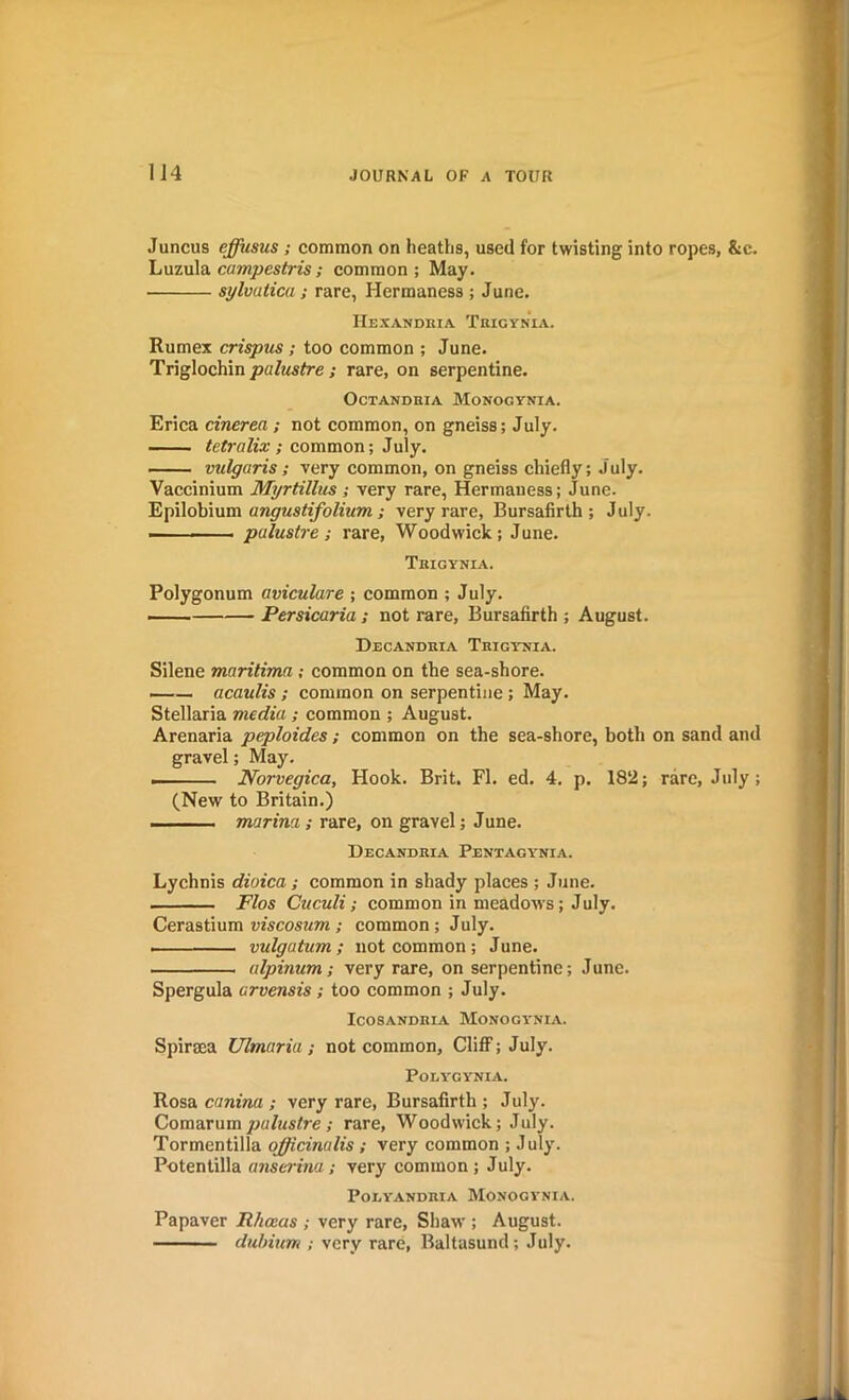 Juncus effusus ; common on heaths, used for twisting into ropes, &c. Luzula campestris; common; May. • sylvutica ; rare, Hermaness ; June. Hexandria Trigynia. Rumex crispus; too common ; June. Triglochin palustre ; rare, on serpentine. OcTANDRIA MoNOGYNIA. Erica cinerea ; not common, on gneiss; July. tetralix; common; July. vulgaris; very common, on gneiss chiefly; July. Vaccinium Myrtillus; very rare, Hermaness; June. Epilobium angustifolium; very rare, Bursafirth ; July. — palustre; rare, Woodwick; June. Trigynia. Polygonum aviculare ; common ; July. Persicaria ; not rare, Bursafirth ; August. Decandria Trigynia. Silene maritima ; common on the sea-shore. — acaulis; common on serpentine; May. Stellaria media ; common ; August. Arenaria peploides; common on the sea-shore, both on sand and gravel; May. . Norvegica, Hook. Brit. FI. ed. 4. p. 182; rare, July; (New to Britain.) marina ; rare, on gravel; June. Decandria Pentagynia. Lychnis dioica; common in shady places ; June. Flos Cuculi; common in meadows; July. Cerastium viscosum ; common; July. vulgatum ; not common ; June. alpinum; very rare, on serpentine; J une. Spergula arvensis ; too common ; July. ICOSANDRIA MONOGY'NIA. Spiraea Ulmaria; not common, Cliff; J uly. POIA'GYNIA. Rosa canina ; very rare, Bursafirth ; July. Comarumpalustre; rare, Woodwick; July. Tormentilla officinalis ; very common ; July. Potentilla anserina; very common ; July. PORYANDRIA MONOGYNIA. Papaver Rhceas ; very rare, Shaw ; August. dubium ; very rare, Baltasund; July.