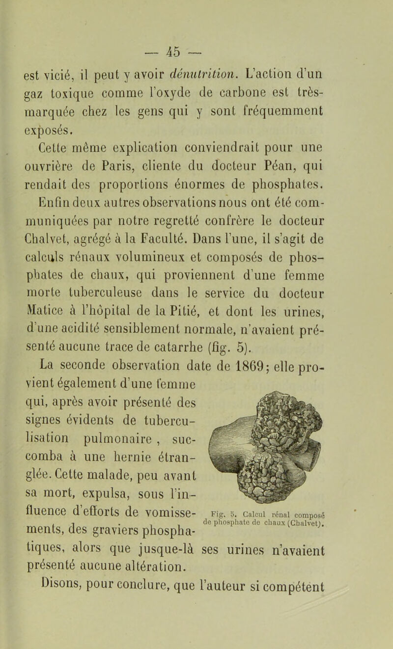 est vicié, il peut y avoir dénutrition. L’action d’un gaz toxique comme l’oxyde de carbone est très- marquée chez les gens qui y sont fréquemment exposés. Cette même explication conviendrait pour une ouvrière de Paris, cliente du docteur Péan, qui rendait des proportions énormes de phosphates. Enfin deux autres observations nous ont été com- muniquées par notre regretté confrère le docteur Chalvet, agrégé à la Faculté. Dans l’une, il s’agit de calculs rénaux volumineux et composés de phos- phates de chaux, qui proviennent d’une femme morte tuberculeuse dans le service du docteur Matice à l’hôpital de la Pitié, et dont les urines, d’une acidité sensiblement normale, n’avaient pré- senté aucune trace de catarrhe (%. 5). La seconde observation date de 1869; elle pro- vient également d’une femme qui, après avoir présenté des signes évidents de tubercu- lisation pulmonaire , suc- comba à une hernie étran- glée. Cette malade, peu avant sa mort, expulsa, sous l’in- fluence d’eflorts de vomisse- ments, des graviers phospha- tiques, alors que jusque-là ses urines n’avaient présenté aucune altération. Disons, pour conclure, que l’auteur si compétent Fig. 5. Calcul rénal composé de phosphate de chaux (Chalvet;.