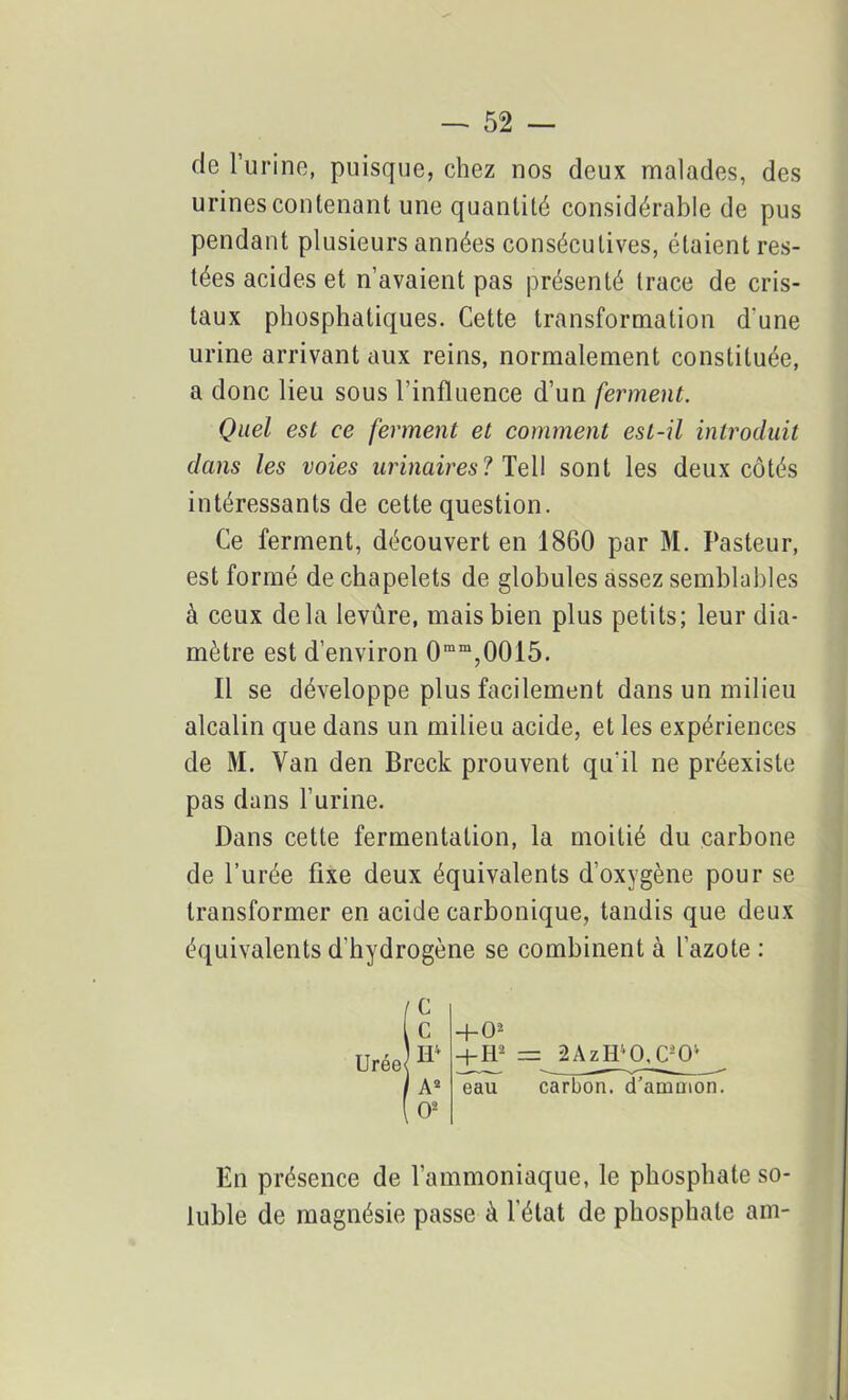 de l’urine, puisque, chez nos deux malades, des urines contenant une quantité considérable de pus pendant plusieurs années consécutives, étaient res- tées acides et n’avaient pas présenté trace de cris- taux phosphatiques. Cette transformation d'une urine arrivant aux reins, normalement constituée, a donc lieu sous l’influence d’un ferment. Quel est ce ferment et comment est-il introduit dans les voies urinaires? Tell sont les deux côtés intéressants de cette question. Ce ferment, découvert en 1860 par M. Pasteur, est formé de chapelets de globules assez semblables à ceux delà levure, mais bien plus petits; leur dia- mètre est d’environ 0mm,0015. Il se développe plus facilement dans un milieu alcalin que dans un milieu acide, et les expériences de M. Van den Breck prouvent qu'il ne préexiste pas dans l’urine. Dans cette fermentation, la moitié du carbone de l’urée fixe deux équivalents d’oxygène pour se transformer en acide carbonique, tandis que deux équivalents d'hydrogène se combinent à l’azote : I c i c Urée) ^ / A* ( O2 + 02 j-H2 = 2AzH40, C2Ov eau carbon, d’ammon. En présence de l’ammoniaque, le phosphate so- luble de magnésie passe à l'état de phosphate am-
