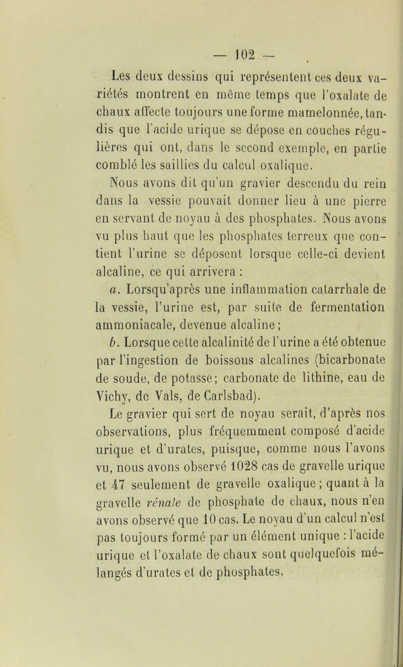 Les deux dessins qui représentent ces deux va- riétés montrent en meme temps que l’oxalate de chaux affecte toujours une forme mamelonnée, tan- dis que l’acide urique se dépose en couches régu- lières qui ont, dans le second exemple, en partie comblé les saillies du calcul oxalique. Nous avons dit qu’un gravier descendu du rein dans la vessie pouvait donner lieu à une pierre en servant de noyau à des phosphates. Nous avons vu plus haut que les phosphates terreux que con- tient l’urine se déposent lorsque celle-ci devient alcaline, ce qui arrivera : a. Lorsqu’après une inflammation catarrhale de la vessie, l’urine est, par suite de fermentation ammoniacale, devenue alcaline; b. Lorsque cette alcalinité de l'urine a été obtenue par l’ingestion de boissons alcalines (bicarbonate de soude, de potasse; carbonate de lithine, eau de Vichy, de Vais, deCarlsbad). Le gravier qui sert de noyau serait, d’après nos observations, plus fréquemment composé d'acide urique et d’urates, puisque, comme nous l’avons vu, nous avons observé 1028 cas de gravelle urique et il seulement de gravelle oxalique ; quant à la gravelle rénale de phosphate de chaux, nous n’en avons observé que 10 cas. Le noyau d’un calcul n’est pas toujours formé par un élément unique : 1 acide urique et l’oxalate de chaux sont quelquefois mé- langés d’urates et de phosphates.