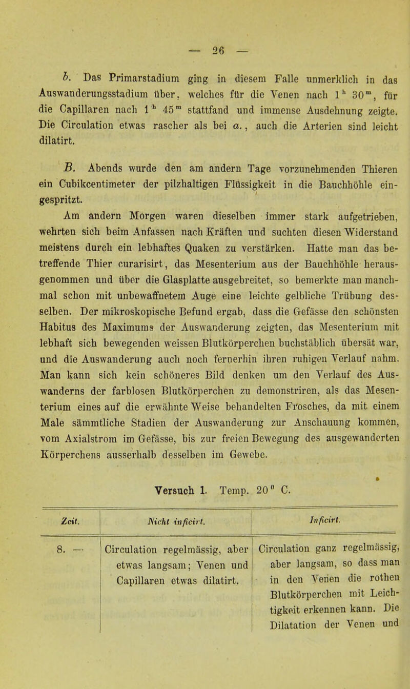 b. Das Primarstadium ging in diesem Falle unmerklich in das Auswanderungsstadium über, welches für die Venen nach lh 30“, für die Capillaren nach l h 45“ stattfand und immense Ausdehnung zeigte. Die Circulation etwas rascher als bei a., auch die Arterien sind leicht dilatirt. B. Abends wurde den am andern Tage vorzunehmenden Thieren ein Cubikcentimeter der pilzhaltigen Flüssigkeit in die Bauchhöhle ein- / gespritzt. Am andern Morgen waren dieselben immer stark aufgetrieben, wehrten sich beim Anfassen nach Kräften und suchten diesen Widerstand meistens durch ein lebhaftes Quaken zu verstärken. Hatte man das be- treffende Thier eurarisirt, das Mesenterium aus der Bauchhöhle heraus- genommen und über die Glasplatte ausgebreitet, so bemerkte man manch- mal schon mit unbewaffnetem Auge eine leichte gelbliche Trübung des- selben. Der mikroskopische Befund ergab, dass die Gefässe den schönsten Habitus des Maximums der Auswanderung zeigten, das Mesenterium mit lebhaft sich bewegenden weissen Blutkörperchen buchstäblich übersät war, und die Auswanderung auch noch fernerhin ihren ruhigen Verlauf nahm. Man kann sich kein schöneres Bild denken um den Verlauf des Aus- wanderns der farblosen Blutkörperchen zu demonstriren, als das Mesen- terium eines auf die erwähnte Weise behandelten Frosches, da mit einem Male sämmtliche Stadien der Auswanderung zur Anschauung kommen, vom Axialstrom im Gefässe, bis zur freien Bewegung des ausgewanderten Körperchens ausserhalb desselben im Gewebe. Versuch 1. Temp. 20° C. Zeit. Nicht inficirt. Inficirt. 8. — Circulation regelmässig, aber etwas langsam; Venen und Capillaren etwas dilatirt. Circulation ganz regelmässig, aber langsam, so dass man in den Venen die rothen Blutkörperchen mit Leich- tigkeit erkennen kann. Die Dilatation der Venen und