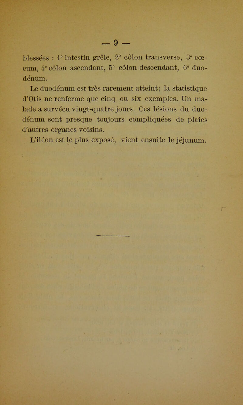 blessées : 1 intestin grêle, 2° côlon transverse, 3“ cæ- cum, 4° côlon ascendant, 5 côlon descendant, 6® duo- dénum. Le duodénum est très rarement atteint; la statistique d’Otis ne renferme que cinq ou six exemples. Un ma- lade a survécu vingt-quatre jours. Ces lésions du duo- dénum sont presque toujours compliquées de plaies d’autres organes voisins. L’iléon est le plus exposé, vient ensuite le jéjunum. r