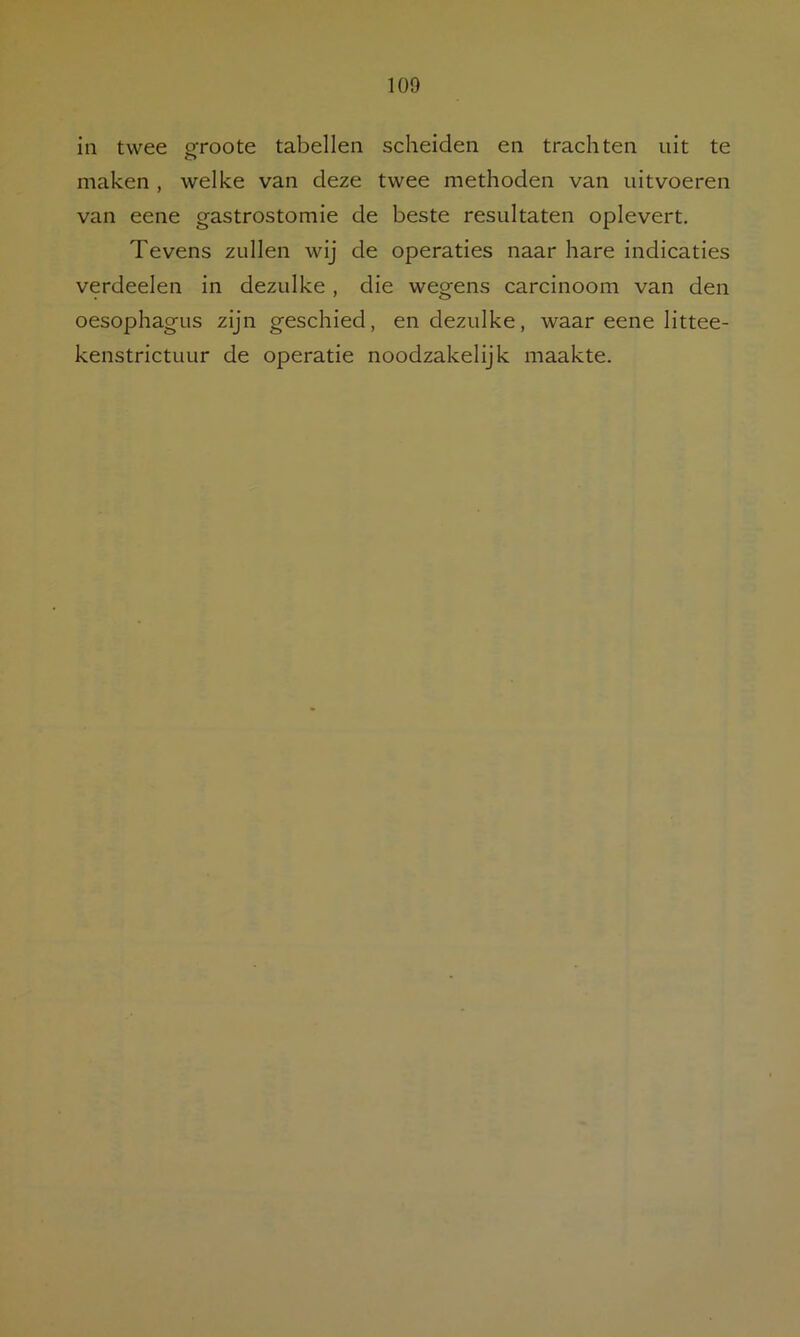 in twee groote tabellen scheiden en trachten uit te o maken , welke van deze twee methoden van uitvoeren van eene gastrostomie de beste resultaten oplevert. Tevens zullen wij de operaties naar hare indicaties verdeelen in dezulke , die wegens carcinoom van den oesophagus zijn geschied, en dezulke, waar eene littee- kenstrictuur de operatie noodzakelijk maakte.