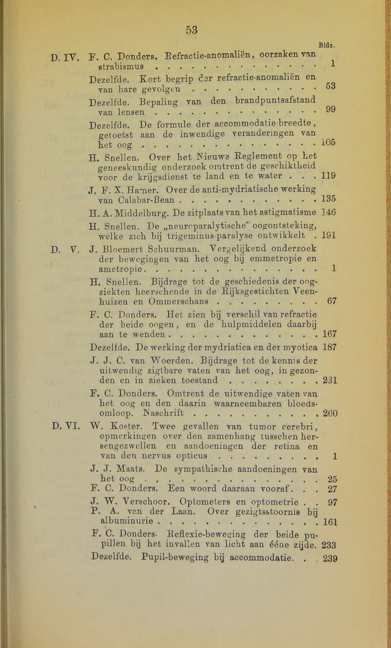 D. V. r. C. Donders. Eefractie-anomaliën, oorzaken van strabismus ^ Dezelfde. Kort begrip der refractie-anomaliën en van bare gevolgen Dezelfde. Bepaling van den brandpuntsafstand van lensen Dezelfde. De formule der accommodatie breedte, getoetst aan do inwendige veranderingen van het oog 105 H. Snellen. Over het ^ieuw^ Keglement op het geneeskundig onderzoek omtrent de geschiktheid voor de krijgsdienst te land en te water . . . 119 J. F. X. Hamer. Orer de anti-mydriatische werking van Calabar-Bean 135 H. A. Middelburg. De zitplaats van het astigmaiisme 146 H. Snellen. De „neuroparalytische” oogontsteking, welke zich bij trigeminus-paralyse ontwikkelt . 191 J. Bloemert Schuurman. Vergelijkend onderzoek der bewegingen van het oog bij emmetropie en ametropie 1 H. Snellen. Bijdrage tot de geschiedenis der oog- ziekten heerschende in de Kijksgestichten Veen- huizen en Ommerschans 67 F. C. Donders. Het zien bij verschil van refractie der beide oogen, en de hulpmiddelen daarbij aan te wenden 167 Dezelfde. De werking der mydriatica en der myotica 187 J. J. C. van Woerden. Bijdrage tot de kennis der uitwendig ziglbare vaten van het oog, ingezon- den en in zieken toestand 231 F. C. Donders. Omtrent de uitwendige vaten van het oog en den daarin waarneembaren bloeds- omloop. INaschrift 260 D. VI. W. Koster. Twee gevallen van tumor cerebri, opmerkingen over den zamenhang tusschen her- sengezwcllen en aandoeningen der retina en van den nervus opticus 1 J. J. Maats. De sympathische aandoeningen van het oog 25 F. C. Donders. Een woord daaraan vooraf. . . 27 J. W. Verschoor. Optometers en optometrie . . 97 P. A. van der Laan. Over gezigtsstoornis bij albuminurie 161 F. C. Donders. Beflexie-beweging der beide pu- pillen bij het invallen van licht aan ééne zijde. 233 Dezelfde. Pupil-beweging bij accommodatie. . . 239