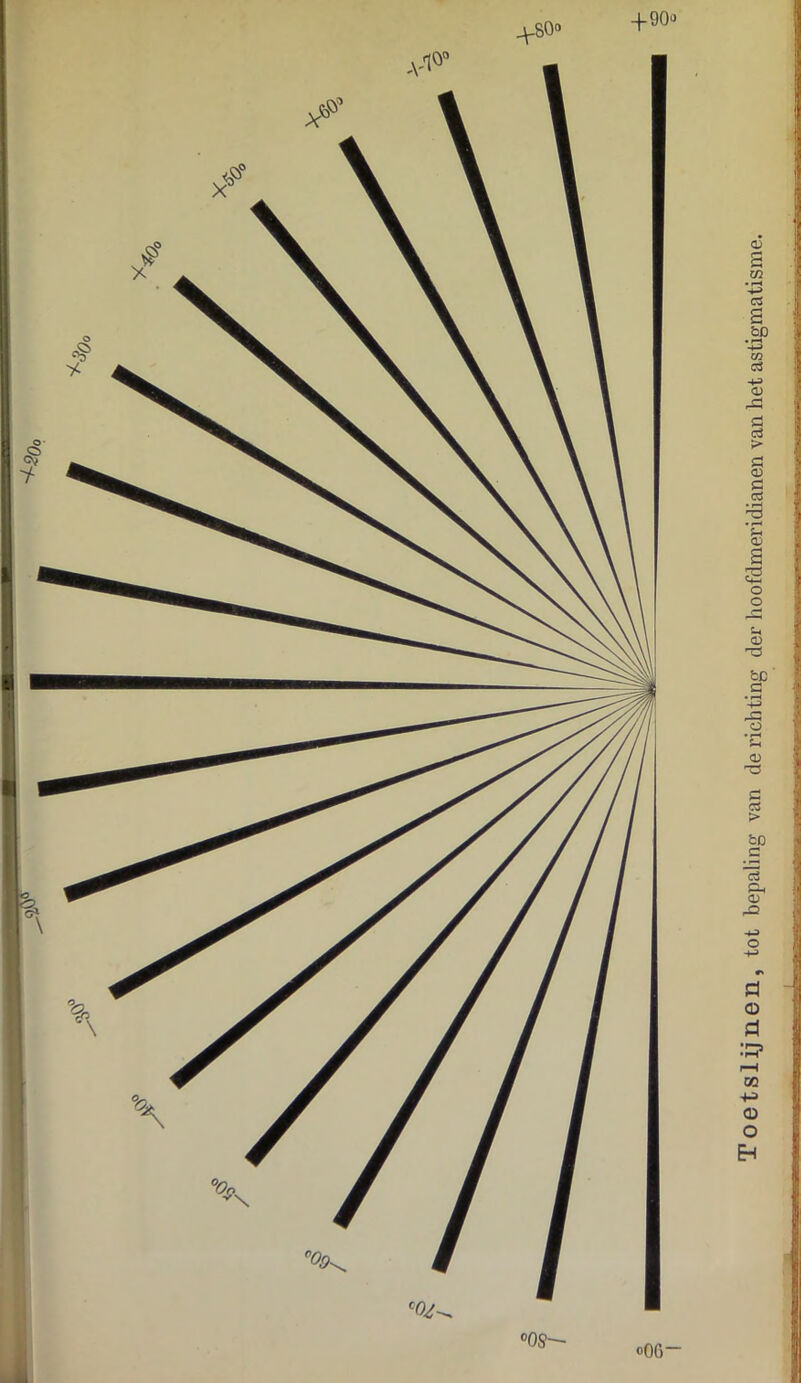 Toetslijnen, tot bepaling van de richting der hoofdmeridianen van het astigmatisme.