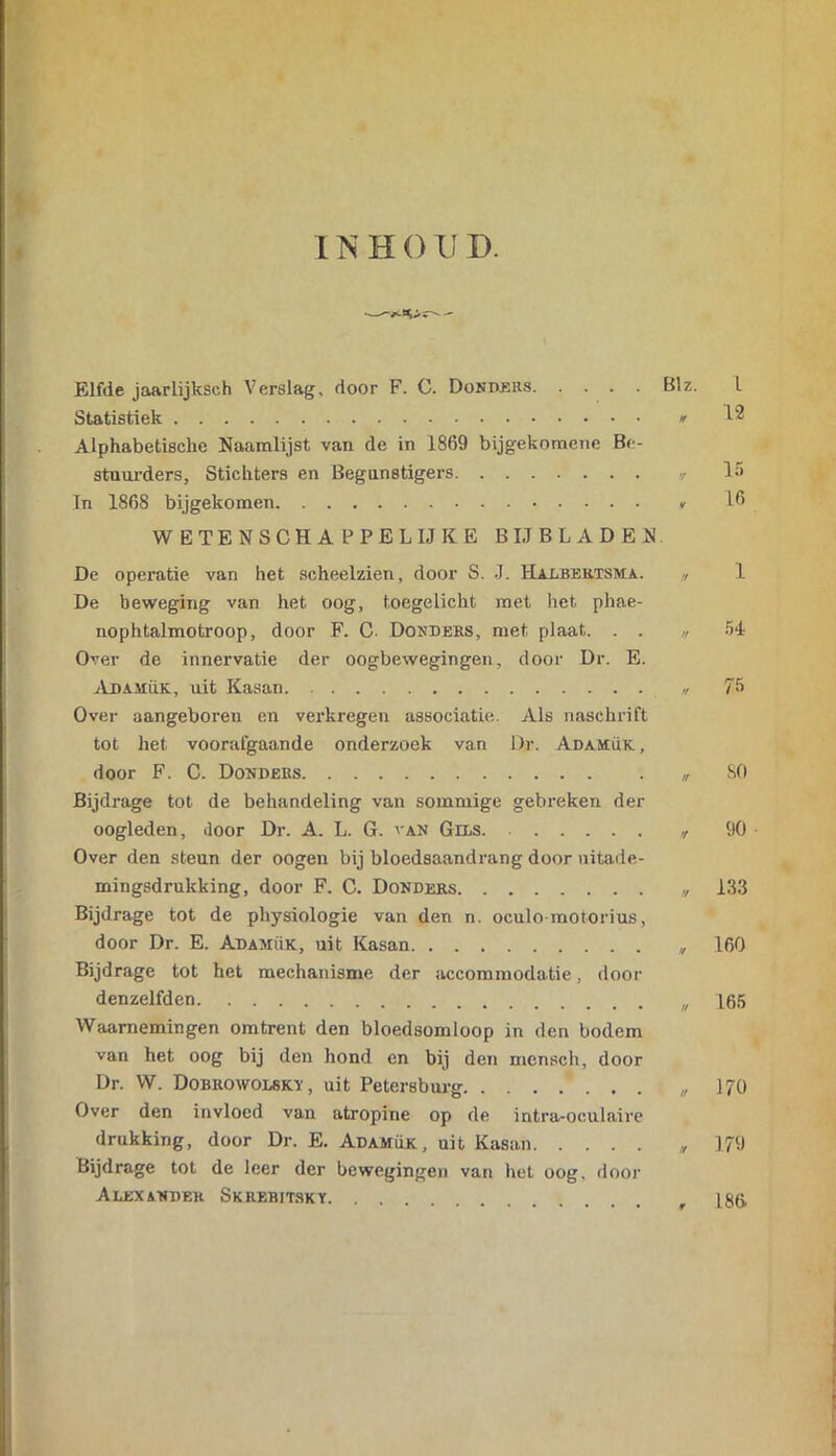 Elfde jaarlijksch Verslag, door F. C. Donders Blz. 1 Statistiek ff 12 Alphabetische Naamlijst van de in 1869 bijgekomene Be- stuurders, Stichters en Begunstigers ff 15 In 1868 bijgekomen V 16 WETENSCHAPPELIJKE B LI BLADEN De operatie van het scheelzien, door S. J. Halbektsma. ff 1 De beweging van het oog, toegelicht met het phae- nophtalmotroop, door F. C. Donders, met plaat. . . ff 54 Over de innervatie der oogbewegingen, door Dr. E. Adamük, uit Kasan ff 75 Over aangeboren en verkregen associatie. Als naschrift tot het voorafgaande onderzoek van Dr. Adamük, door F. C. Donders ft 80 Bijdrage tot de behandeling van sommige gebreken der oogleden, door Dr. A. L. G. van Gids ft 90 Over den steun der oogen bij bloedsaandrang door uitade- mingsdrukking, door F. C. Donders ft 133 Bijdrage tot de physiologie van den n. oculo motorius, door Dr. E. Adamük, uit Kasan U 160 Bijdrage tot het mechanisme der accommodatie, door denzelfden ff 165 Waarnemingen omtrent den bloedsomloop in den bodem van het oog bij den hond en bij den mensch, door Dr. W. Dobrowolsky , uit Petersburg. . ff 170 Over den invloed van atropine op de intra-oculaire drukking, door Dr. E. Adamük, uit Kasan ft 179 Bijdrage tot de leer der bewegingen van het oog, door Alexander Skrebitsky. ¥ 186