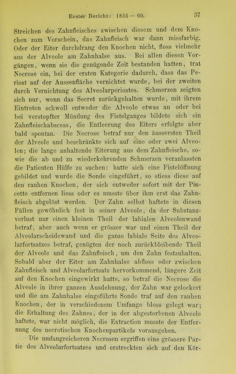 Streichen des Zahnfleisches zwischen diesem und dem Kno- chen zum Vorschein, das Zahnfleisch war dann missfarbig. Oder der Eiter durchdrang den Knochen nicht, floss vielmehr aus der Alveole am Zahnhalse aus. Bei allen diesen Vor- gängen , wenn sie die genügende Zeit bestanden hatten, trat Necrose ein, bei der ersten Kategorie dadurch, dass das Pe- riost auf der Aussenfläche vernichtet wurde, bei der zweiten durch Vernichtung des Alveolarperiostes. Schmerzen zeigten sich nur, wenn das Secret zurückgehalten wurde, mit ihrem Eintreten schwoll entweder die Alveole etwas an oder bei bei verstopfter Mündung des Fistelganges bildete sich ein Zahnfleischabscess, die Entleerung des Eiters erfolgte aber bald spontan. Die Necrose betraf nur den äussersten Theil der Alveole und beschränkte sich auf eine oder zwei Alveo- len; die lange anhaltende Eiterung aus dem Zahnfleische, so- wie die ab und zu wiederkehrenden Schmerzen veranlassten die Patienten Hülfe zu suchen; hatte sich eine Fistelöffnung gebildet und wurde die Sonde eingeführt, so stiess diese auf den rauhen Knochen, der sich entweder sofort mit der Pin- cette entfernen liess oder es musste über ihm erst das Zahn- fleisch abgelöst werden. Der Zahn selbst haftete in diesen Fällen gewöhnlich fest in seiner Alveole, da der Substanz- verlust nur einen kleinen Theil der labialen Alveolenwand betraf, aber auch wenn er grösser war und einen Theil der Alveolarscheidcwand und die ganze labiale Seite des Alveo- larfortsatzes betraf, genügten der noch zurückbleibende Theil der Alveole und das Zahnfleisch, um den Zahn festzuhalten. Sobald aber der Eiter am Zahnhalse abfloss oder zwischen Zahnfleisch und Alveolarfortsatz hervorkommend, längere Zeit auf den Knochen eingewirkt hatte, so betraf die Necrose die Alveole in ihrer ganzen Ausdehnung, der Zahn war gelockert und die am Zahnhalse eingeführte Sonde traf auf den rauhen Knochen, der in verschiedenem Umfange bloss gelegt war; die Erhaltung des Zahnes, der in der abgestorbenen Alveole haftete, war nicht möglich, die Extraction musste der Entfer- nung des necrotischen Knochenpartikels vorausgehen. Die umfangreicheren Necrosen ergriffen eine grössere Par- tie des Alveolarfortsatzes und erstreckten sich auf den Kör-