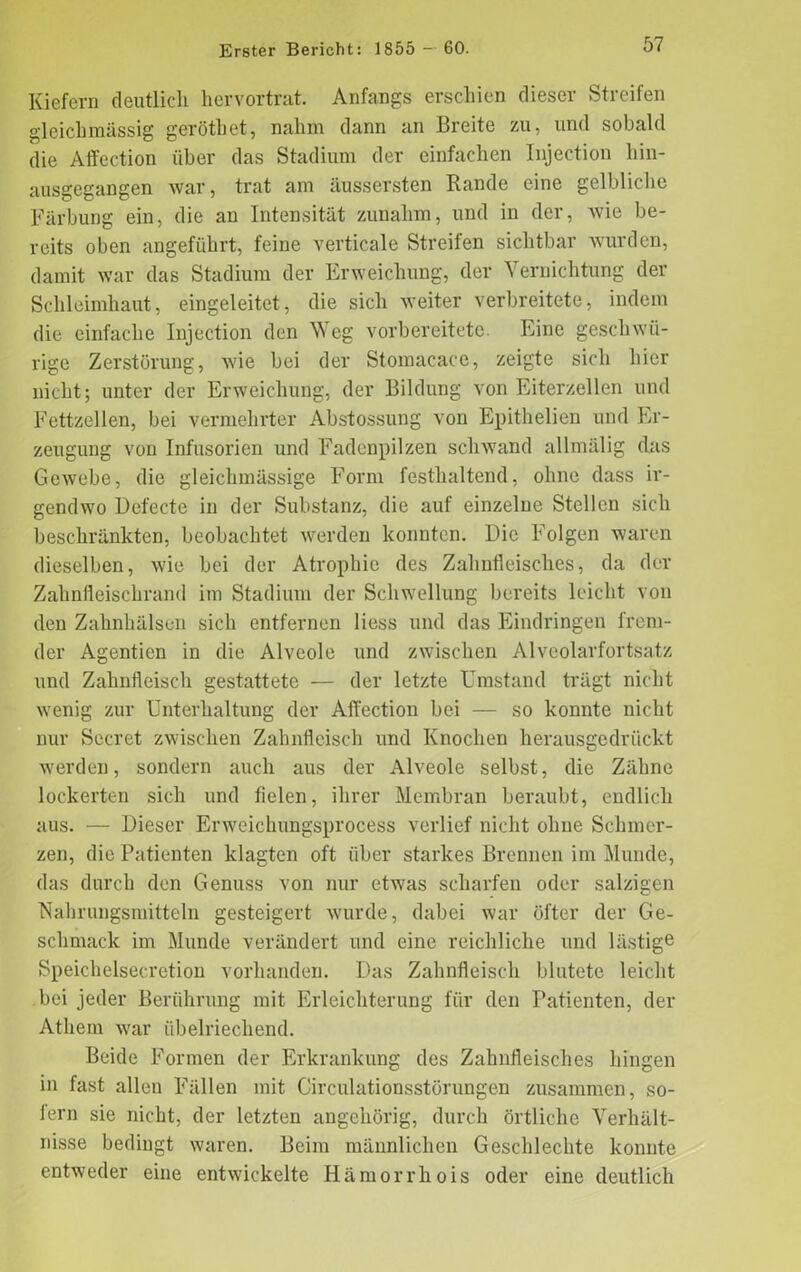 Kiefern deutlich hervortrat. Anfangs erschien dieser Streifen gleichmässig geröthet, nahm dann an Breite zu, und sobald die Affection über das Stadium der einfachen Injection hin- ausgegangen war, trat am äussersten Rande eine gelbliche Färbung ein, die an Intensität zunahm, und in der, wie be- reits oben angeführt, feine verticale Streifen sichtbar wurden, damit war das Stadium der Erweichung, der Vernichtung der Schleimhaut, eingeleitet, die sich weiter verbreitete, indem die einfache Injection den Weg vorbereitete. Eine geschwü- rige Zerstörung, wie bei der Stomacace, zeigte sich hier nicht; unter der Erweichung, der Bildung von Eiterzellen und Fettzellen, bei vermehrter Abstossung von Epithelien und Er- zeugung von Infusorien und Fadenpilzen schwand allmälig das Gewebe, die gleichmässige Form festhaltend, ohne dass ir- gendwo Defecte in der Substanz, die auf einzelne Stellen sich beschränkten, beobachtet werden konnten. Die Folgen waren dieselben, wie bei der Atrophie des Zahnfleisches, da der Zahnfleischrand im Stadium der Schwellung bereits leicht von den Zahnhälsen sich entfernen Hess und das Eindringen frem- der Agentien in die Alveole und zwischen Alveolarfortsatz und Zahnfleisch gestattete — der letzte Umstand trägt nicht wenig zur Unterhaltung der Affection bei — so konnte nicht nur Secret zwischen Zahnfleisch und Knochen herausgedrückt werden, sondern auch aus der Alveole selbst, die Zähne lockerten sich und fielen, ihrer Membran beraubt, endlich aus. — Dieser Erweichungsprocess verlief nicht ohne Schmer- zen, die Patienten klagten oft über starkes Brennen im Munde, das durch den Genuss von nur etwas scharfen oder salzigen Nahrungsmitteln gesteigert wurde, dabei war öfter der Ge- schmack im Munde verändert und eine reichliche und lästige Speichelsecretion vorhanden. Das Zahnfleisch blutete leicht bei jeder Berührung mit Erleichterung für den Patienten, der Athern war übelriechend. Beide Formen der Erkrankung des Zahnfleisches hingen in fast allen Fällen mit Circulationsstörungen zusammen, so- fern sie nicht, der letzten angcliörig, durch örtliche Verhält- nisse bedingt waren. Beim männlichen Geschlechte konnte entweder eine entwickelte Hämorrliois oder eine deutlich