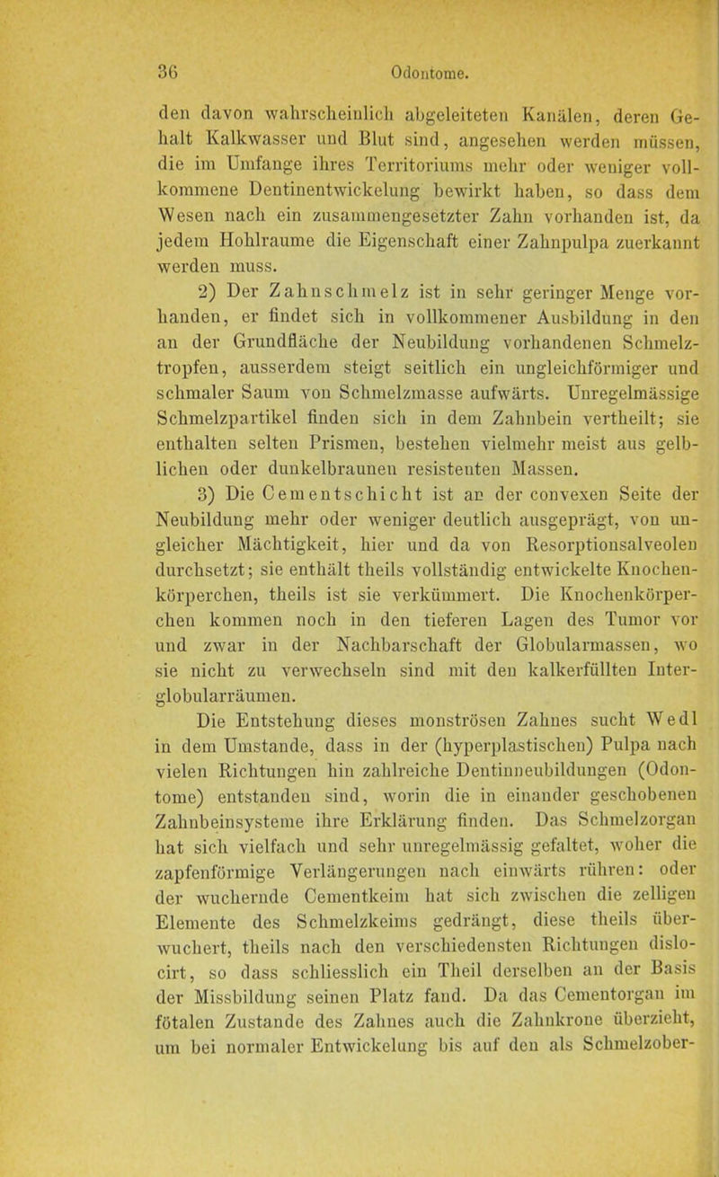 den davon wahrscheinlich abgeleiteten Kanälen, deren Ge- halt Kalkwasser und Blut sind, angesehen werden müssen, die im Umfange ihres Territoriums mehr oder weniger voll- kommene Dentinentwickelung bewirkt haben, so dass dem Wesen nach ein zusammengesetzter Zahn vorhanden ist, da jedem Hohlraume die Eigenschaft einer Zahnpulpa zuerkannt werden muss. 2) Der Zahnschmelz ist in sehr geringer Menge vor- handen, er findet sich in vollkommener Ausbildung in den an der Grundfläche der Neubildung vorhandenen Schmelz- tropfen, ausserdem steigt seitlich ein ungleichförmiger und schmaler Saum von Schmelzmasse aufwärts. Unregelmässige Schmelzpartikel finden sich in dem Zahnbein vertheilt; sie enthalten selten Prismen, bestehen vielmehr meist aus gelb- lichen oder dunkelbraunen resistenten Massen. 3) Die Cem entschiclit ist an der convexen Seite der Neubildung mehr oder weniger deutlich ausgeprägt, von un- gleicher Mächtigkeit, hier und da von Resorptionsalveolen durchsetzt; sie enthält theils vollständig entwickelte Knochen- körperchen, theils ist sie verkümmert. Die Knochenkörper- chen kommen noch in den tieferen Lagen des Tumor vor und zwar in der Nachbarschaft der Globularmassen, wo sie nicht zu verwechseln sind mit den kalkerfüllten Inter- globularräumen. Die Entstehung dieses monströsen Zahnes sucht Wedl in dem Umstande, dass in der (hyperplastischen) Pulpa nach vielen Richtungen hin zahlreiche Dentinneubildungen (Odon- tome) entstanden sind, worin die in einander geschobenen Zahnbeinsysteme ihre Erklärung finden. Das Schmelzorgan hat sich vielfach und sehr unregelmässig gefaltet, woher die zapfenförmige Verlängerungen nach einwärts rühren: oder der wuchernde Cementkeim hat sich zwischen die zelligen Elemente des Schmelzkeims gedrängt, diese theils über- wuchert, theils nach den verschiedensten Richtuugen dislo- cirt, so dass schliesslich ein Theil derselben an der Basis der Missbildung seinen Platz fand. Da das Cementorgan im fötalen Zustande des Zahnes auch die Zahnkrone überzieht, um bei normaler Entwickelung bis auf den als Schmelzober-