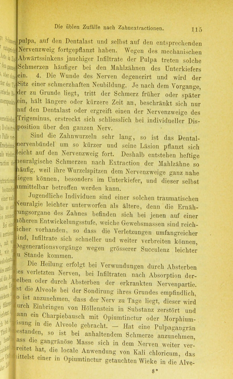 ■■ SfLJpnlpa, auf den Dentalast und selbst auf den entsprechenden Nervenzweig fortgepflanzt haben. Wegen des mechanischen io Z«Abwärtssinkens jauchiger Infiltrate der Pulpa treten solche lSchmerzen häufiger bei den Mahlzähnen des Unterkiefers lein. 4. Die Wunde des Nerven degenerirt und wird der des TjlSitz einer schmerzhaften Neubildung. Je nach dem Vorgänge, ei zu Giunde liegt, tritt der Schmerz früher oder später ; Delestr i Falle rer als wieder: raction dti in, hält längere oder kürzere Zeit an, beschränkt sich nur auf den Dentalast oder ergreift einen der Nervenzweige des Trigeminus, erstreckt sich schliesslich bei individueller Dis- position über den ganzen Nerv. Sind die Zahnwurzeln sehr lang, so ist das Dental- nervenbündel um so kürzer und seine Läsion pflanzt sich leicht auf den Nervenzweig fort. Deshalb entstehen heftige j neuralgische Schmerzen nach Extraction der Mahlzähne so Jhäufig, weil ihre Wurzelspitzen dem Nervenzweige ganz nahe liegen können, besonders im Unterkiefer, und dieser selbst inmittelbar betroffen werden kann. Jugendliche Individuen sind einer solchen traumatischen Neuralgie leichter unterworfen als ältere, denn die Ernäh- ■ungsOrgane des Zahnes befinden sich bei jenen auf einer löheien Entwickelungsstufe, weiche Gewebsmassen sind reich- ichei vorhanden, so dass die Verletzungen umfangreicher , D1|t wi _md’ Infilü’ate sicl1 schneller und weiter verbreiten können, ,je ;j )e§eneraGonsvorgänge wegen grösserer Succulenz leichter u Stande kommen. Die Heilung erfolgt bei Verwundungen durch Absterben es verletzten Nerven, bei Infiltraten nach Absorption der- elben oder durch Absterben der erkrankten Nervenpartie. st die Alveole bei der Sondirung ihres Grundes empfindlich, o ist anzunehmen, dass der Nerv zu Tage liegt, dieser wird urch Einbringen von Höllenstein in Substanz zerstört und , ann ein Ghaxpiebausch mit Opiumtinctur oder Morphium- ’Sng.m aie Alveole gebracht. - Hat eine Pulpagangrän es an en, so ist bei anhaltendem Schmerze anzunehmen ass die gangränöse Masse sich in dem Nerven weiter ver- ™tet hat, die locale Anwendung von Kali chloricum, das St elnei’ ln Opiumtinctur getauchten Wieke in die Alve- einer wah las so en ie nennen Bei eia« i| zerriss« eicbere ‘ 8*