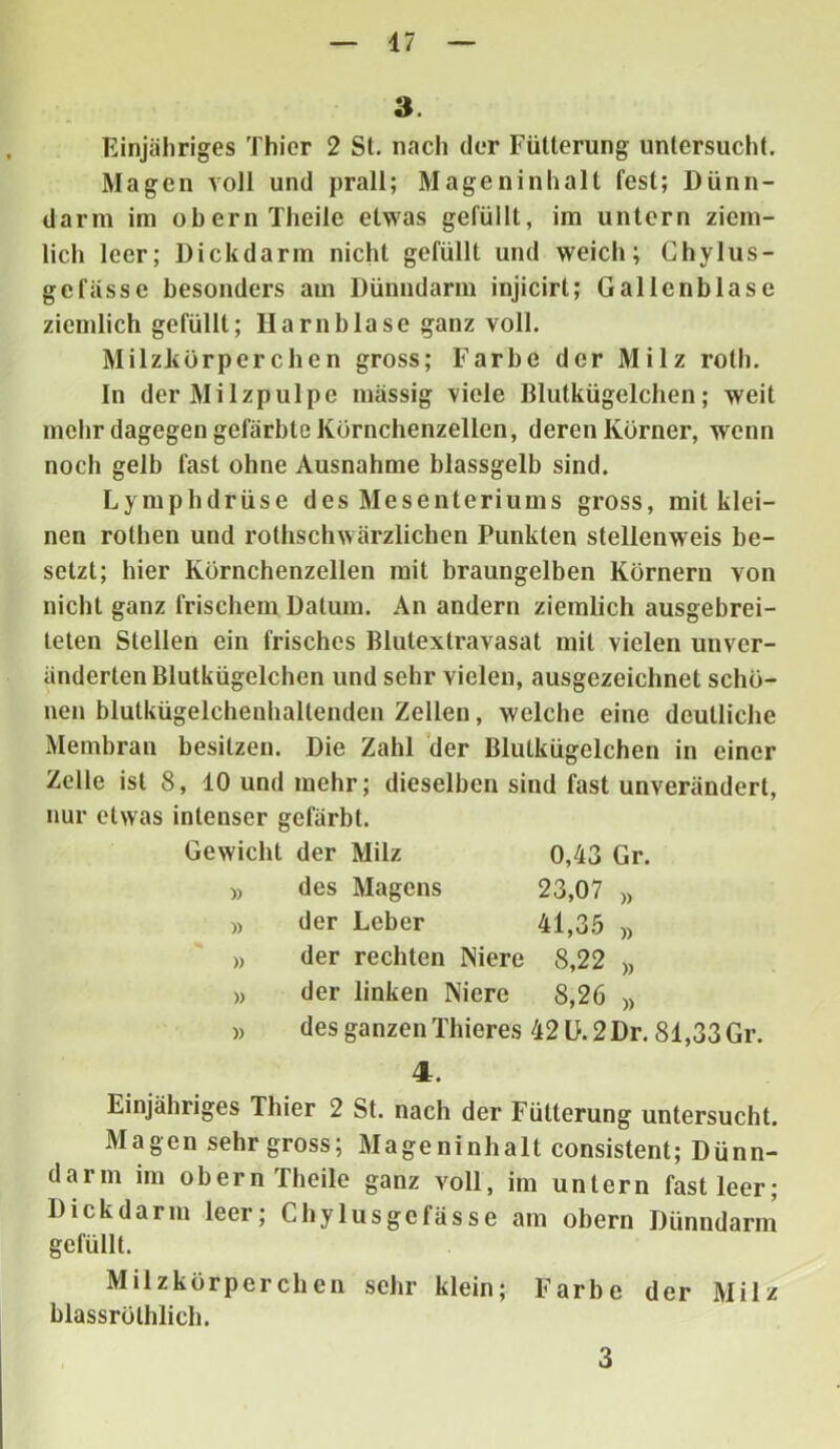 3. Einjähriges Thier 2 St. nach der Fütterung untersucht. Magen voll und prall; Mageninhalt fest; Dünn- darm im obern Theile etwas gefüllt, im untern ziem- lich leer; Dickdarm nicht gefüllt und weich; Chylus- gefässe besonders am Dünndarm injicirt; Gallenblase ziemlich gefüllt; Harnblase ganz voll. Milzkörperchen gross; Farbe der Milz roth. In der Milzpulpe massig viele Blutkügelchen; weit mehr dagegen gefärbte Körnchenzellen, deren Körner, wenn noch gelb fast ohne Ausnahme blassgelb sind. Lymphdrüse des Mesenteriums gross, mit klei- nen rothen und rothschwärzlichen Punkten stellenweis be- setzt; hier Körnchenzellen mit braungelben Körnern von nicht ganz frischem Dalum. An andern ziemlich ausgebrei- teten Stellen ein frisches Blutextravasat mit vielen unver- änderten Blutkügelchen und sehr vielen, ausgezeichnet schö- nen blutkügelchenhallenden Zellen, welche eine deutliche Membran besitzen. Die Zahl der Blutkügelchen in einer Zelle ist 8, 10 und mehr; dieselben sind fast unverändert, nur etwas intenser gefärbt. Gewicht der Milz 0,43 Gr. » des Magens 23,07 » » der Leber 41,35 » » der rechten Niere 8,22 » » der linken Niere 8,26 » » des ganzen Thieres 42 D. 2 Dr. 81,33 Gr. 4. Einjähriges Thier 2 St. nach der Fütterung untersucht. Magen sehr gross; Mageninhalt consistent; Dünn- darm im obern Theile ganz voll, im untern fast leer; Dick darin leer; Chylusge fasse am obern Dünndarm gefüllt. Milzkörperchen sehr klein; Farbe der Milz blassröthlich. 3