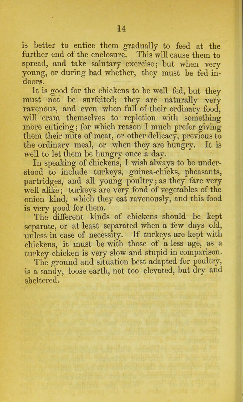is better to entice them gradually to feed at the further end of the enclosure. This will cause them to spread, and take salutary exercise; but when very young, or during bad whether, they must be fed in- doors. It is good for the chickens to be well fed, but they must not be surfeited; they are naturally very ravenous, and even when full of their ordinary food, will cram themselves to repletion with something more enticing; for which reason I much prefer giving them their mite of meat, or other delicacy, previous to the ordinary meal, or when they are hungry. It is well to let them be hungry once a day. In speaking of chickens, I wish always to be under- stood to include turkeys, guinea-chicks, pheasants, partridges, and all young poultry; as they fare very well alike; turkeys are very fond of vegetables of the onion kind, which they eat ravenously, and this food is very good for them. The different kinds of chickens should be kept separate, or at least separated when a few days old, unless in case of necessity. If turkeys are kept with chickens, it must be with those of a less age, as a turkey chicken is very slow and stupid in comparison. The ground and situation best adapted for poultry, is a sandy, loose earth, not too elevated, but dry and sheltered.