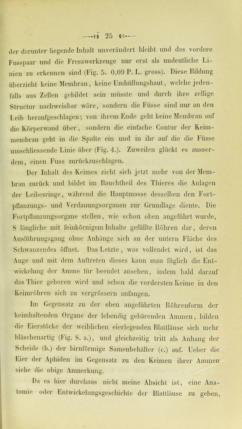 der darunter liegende Inhalt unverändert bleibt und das vordere Fusspaar und die Fresswerkzeuge nur erst als undeutliche Li- nien zu erkennen sind (Fig. 5. 0,09 P. L. gross). Diese Bildung überzieht keine Membran, keine Umhüllungshaut, welche jeden- falls aus Zellen gebildet sein müsste und durch ihre zellige Structur nachweisbar wäre, sondern die Füsse sind nur an den Leib heraufgeschlagen; von ihrem Ende geht keine Membran auf die Körperwand über, sondern die einfache Contur der Keim- membran geht in die Spalte ein und in ihr auf die die Füsse umscliliessende Linie über (Fig. 4.). Zuweilen glückt es ausser- dem, einen Fuss zurückzuschlagen. Der Inhalt des Keimes zieht sich jetzt mehr von der Mem- bran zurück und bildet im Bauchtheil des Thieres die Anlagen der Leibesringe, während die Hauptmasse desselben den Forl- pllanzungs- und Verdauungsorganen zur Grundlage diente. Die Fortpflanzungsorgane stellen, wie schon oben angeführt wurde, 8 längliche mit feinkörnigem Inhalte gefüllte Röhren dar, deren Ausführungsgang ohne Anhänge sich an der untern Fläche des Schwanzendes öffnet. Das Letzte , was vollendet wird , ist das Auge und mit dem Auftreten dieses kann man füglich die Ent- wickelung der Amme lür beendet anseben, indem bald darauf das Thier geboren wird und schon die vordersten Keime in den Keimröhren sich zu vergrößern anfangen. Im Gegensatz zu der eben angeführten Röhrenform der keimhaltenden Organe der lebendig gebärenden Ammen, bilden die Eierstöcke der weiblichen eierlegenden Blattläuse sich mehr bläschenartig (Fig. 8. a.), und gleichzeitig tritt als Anhang der Scheide (b.) der bimförmige Samenbehälter (c.) auf. Ueber die Eier der Aphiden im Gegensatz zu den Keimen ihrer Ammen siehe die obige Anmerkung. Da es hier durchaus nicht meine Absicht ist, eine Ana- tomie oder Entwickelungsgeschichte der Blattläuse zu geben,