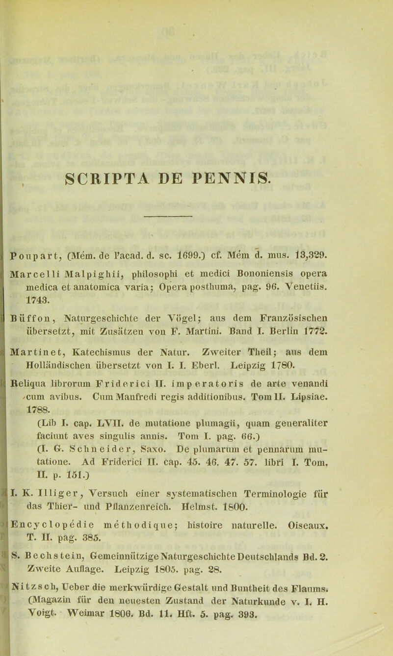 SCRIPTA DE PENNIS. Poupart, (Mem.de 1’acad. d. sc. 1699.) cf. Mem d. mus. 13,329. Marcelli Malpighii, philosophi et medici Bononiensis opera medica et anatomica varia; Opera posthuma, pag. 96. Venetiis. 1743. IBiiffon, Naturgescliichte der Yogel; aus dem Franzosischen iibersetzt, mit Zusatzen vou F. Martini. Band I. Berlin 1772. Marti net, Katechismus der Natur. Zweiter Tlieil; aus dem Holliindischeu iibersetzt von I. I. Eberl. Leipzig 1780. Reliqua librorum Friderici II. imperatoris de arte venandi /Cum avibus. Cum Maufredi regis additionibus. Tomll. Lipsiae. 1788. (Lib I. cap. LVII. de mutatione plumagii, quam generaliter faciunt aves singulis annis. Toni I. pag. 66.) (I. G. Schneider, Saxo. De plumarum et pennarum mu- tatione. Ad Friderici II. cap. 45. 46. 47. 57. libri I. Tom. II. p. 151.) I. K. Illiger, Versuch einer sj^stematischen Terminologie fiir das Thier- und Pilauzenreich. Helmst. 1800. ■ Encyclopedie methodique; histoire naturelle. Oiseaux. T. II. pag. 385. ■ S. Bechsteiu, GemeinnutzigeNaturgeschichteDeutschlands Bd.2. Zweite Auilage. Leipzig 180.5. pag. 28. i Nitzsoh, Ueber die merkvviirdige Gestalt und Buntheit des Flaums. (Magazin fiir den neuesteu Zustand der Naturkunde v. I. H. Yoigt. Weimar 1806. Bd. 11. Hft. 5. pag. 393.