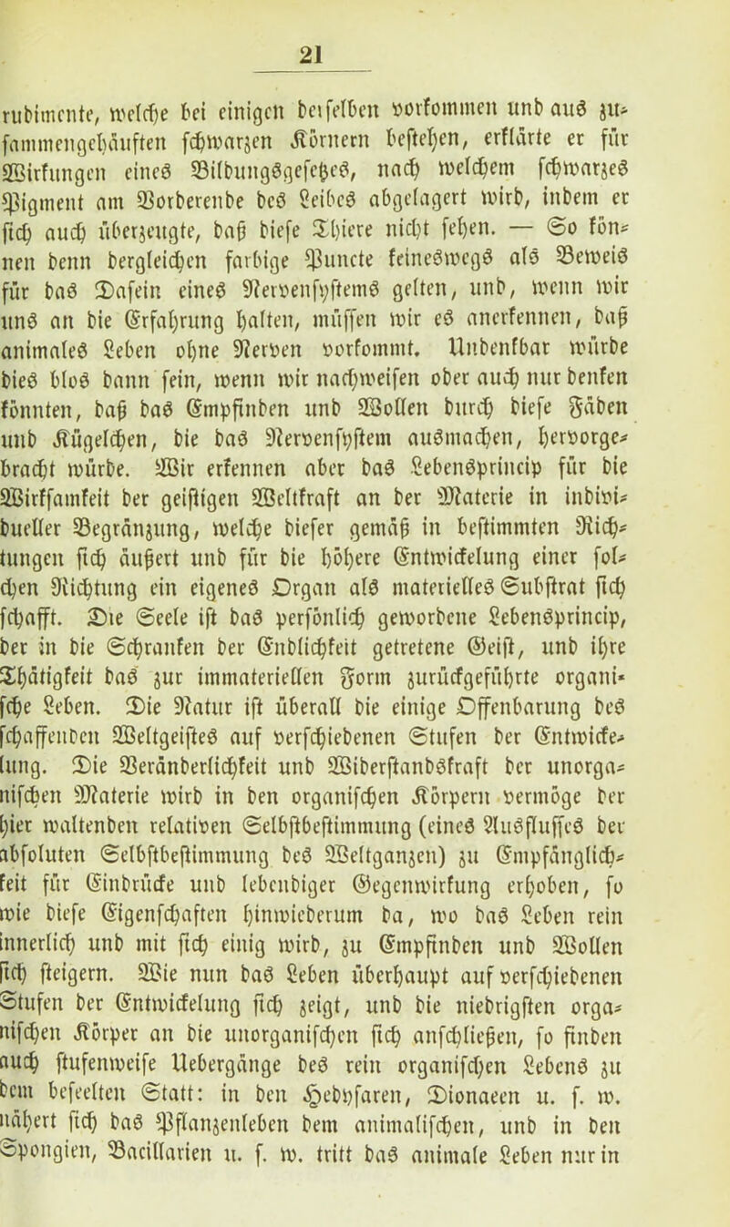 rubimente, welcpe bei einigen beifetben »orfommen unbauS jiu fammengepäuften fcpwarjen Körnern befielen, erhärte er für »hingen eines SilbungSgefcfreS, naep welchem fcpwarjeS Pigment am SSorberenbe beS SeibeS abgelagert nnrb, inbem er fiep auch überzeugte, bajj biefe Spiere nicht fef)en. — So fön* nen beim bergleicpen farbige fßuncte feineSwegS als beweis für baS 3)afein eines SteroenfpftemS gelten, unb, Wenn wir unS an bie ©rfaprung halten, müffen wir eS anerfennen, bafj animaleS Seben opne Steroen oorfommt, Uitbenfbar würbe bieS bloS bann fein, wenn wir naepweifen ober auep nur benfeit fönnten, bajj baS ©mpftnben unb Sollen burep biefe $äben unb Äügelepen, bie baS Steroenfpftem auSmacpen, peroorge* bracht würbe. Sir erfennen aber baS SebenSprincip für bie Sirffamfeit ber geifttgen Seltfraft an ber Saterie in inbioi* bueller 33egränjung, welche biefer gemäf in beftimmten Sticp* tungen fiep äußert unb für bie pöpere ©ntwicfelung einer foU epen Siicptung ein eigenes Organ als materielles ©ubftrat fiep fepafft. £)ie Seele ift baS perfönlicp geworbene SebenSprincip, ber in bie Sepranfen ber ©nblicpfeit getretene ©eift, unb ipre Spätigfeit baS jur immateriellen gönn jurücfgefüprte organi* fepe Seben. 3)ie Statur ift überall bie einige Offenbarung beS fepaffenben SeltgeifteS auf oerfepiebenen ©tufen ber ©ntwiefe* hing. Sie 23eränber(icpfeit unb SiberftanbSfraft ber unorga* nifepen SJtaterie wirb in ben organifepen Körpern oermöge ber pier maltenbcn relativen ©elbftbeftimnumg (eines SluSfluffeS ber abfoluten ©elbftbejiimmung beS Seltganjcn) ju ©mpfänglicp* feit für ©inbrüefe unb lebenbiger ©egenwirfung erpoben, fo wie biefe ©igenfepaften pinwieberum ba, wo baS Seben rein innerlich unb mit fiep einig wirb, zu ©mpftnben unb Sollen ftep fteigern. Sie nun baS Seben überhaupt auf oerfepiebenen Stufen ber ©ntwicfeliing fiep zeigt, unb bie niebrigften orga* nifepen Körper an bie unorganifepen fiep anfcpliefjen, fo fmbett autp ftufenweife üebergänge beS rein organifepen SebenS jit bau befreiten Statt: in ben ^ebpfaren, Sionaeen u. f. w. ncipert |icp baS ^flanjenlebcn bem animalifcpeit, unb in ben öpongien, 33acillarien u. f. w. tritt baS animale Seben mir in
