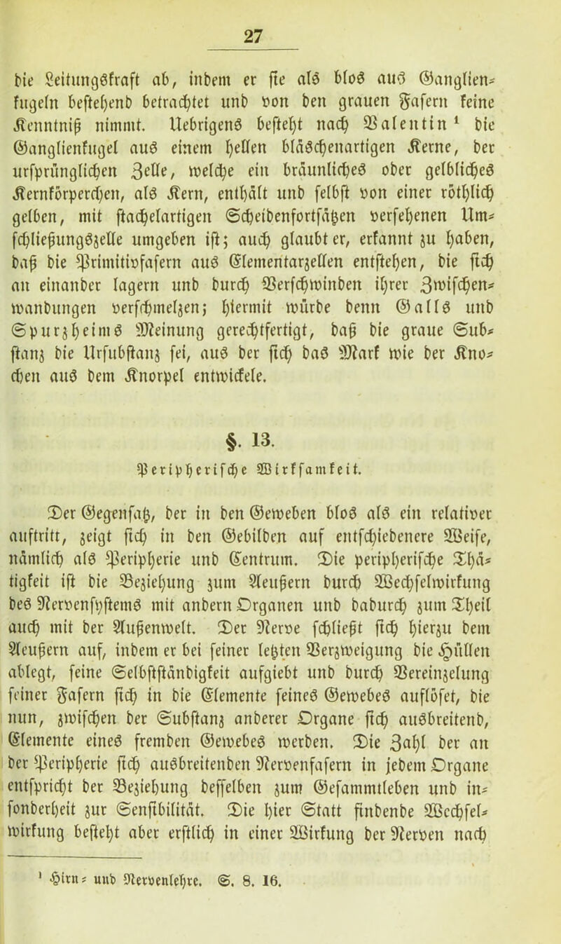bie Seitungöfraft ab, iitbem er fte al$ blöd aud ©anglien* fitgefn befteljenb betrautet unb von beit grauen Wafern feine Henntnifj nimmt. Uebrigenö beftef)t nac^ Valentin 1 bie ©angliettfugel auö einem gelten bläöcfjeitartigen äterne, ber urfprünglichen 3^e, welche ein bräunlichem ober gelblichem •fiernförpercheit, als Äern, enthält unb felbft von einet rötl)li<h gelben, mit ftad)efartigen ©chetbenfortfäben verfebenen Um* fd)liejjung$jette umgeben ift; auch glaubt er, erfannt ju haben, baf bie primitivfafern auö ©lententarjellen entftehen, bie fleh an eittanber lagern unb burd) Verfchwinbeit il;rer 3wifchen* Wanbungen verfrhmelzen; hiermit würbe beim ©all 3 unb ©purjbeini$ Meinung gerechtfertigt, ba(j bie graue ©ub* ftanz bie Urfubjiaitj fei, aud ber fleh baö Vlarf wie ber «ßno* dien au$ bem Änorpel entwicfele. §. 13. -P e r i p b c v i f (f; e 9B i t f f a tu f e 11. Oer ©egenfab, ber in ben ©eweben bloS alm ein relativer auftritt, geigt fleh in ben ©ebilben auf eittfchiebencre 233eife, nämlich alm Peripherie unb ©entrum. Oie peripherifche %\)ä> tigfeit ift bie 93egiel;ung junt 9leufiern bureb SBechfelwirfung bem 9?ervenfpftem3 mit anbern Organen unb baburch jum Sl)eil auch mit ber Slufjenwelt. Oer 9?erve fchliept ftd? b^u bent Sleufiern auf, iitbetn er bei feiner lebten Verzweigung bie füllen ablegt, feine ©elbftftänbigfeit aufgiebt unb burch Vereinzelung feinet ftafern fleh in bie ©lemente feinem ©ewebeö auflöfet, bie nun, z^ifcheit ber ©ubftanz anberer Organe ft cf) auöbreiteitb, ©lemente einem frentbeit ©ewebed werben. Oie 3al)( ber an ber Peripherie ftch auöbreitenbeit 9iervenfaferit in febeitt Organe entfpricht ber Veziehuttg beffelbeit zum ©efammtleben unb in* fonberljeit zur ©enftbilität. Oie hier ©tatt ftitbenbe VScpfel* Wirfung befiehl aber erftlich in einer Sßirfuitg ber Dterven nach 1 uub 5Jtemnlel)rc. <S. 8. 16.