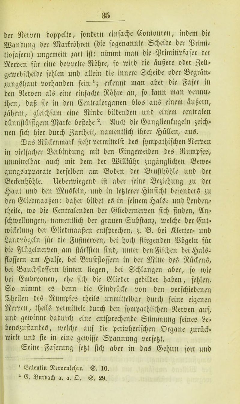 frer 9?er»cn froppelte, fonfrem einfache ©oittouren, infrem frie SBattfrung Der 9J?arfroI)ren (frie fogenannte ©cfreifre frei $rimi* tisfafern) ungemein jart ift: nimmt man frie fßrinutiofafer fret Heroen für eine froppelte Sichre, fo Wirt) frie äufrere ober 3elU gewebfcfreibe festen unfr allein frie innere ©cfreibe ofrer 33egrän* jungöfraut »orfranben fein 1‘, crfennt man aber frie gafer in freit Heroen alö eine einfache Siöfrte an, fo fann man »ermu* tl)en, bafj fte in freit ©entralorganen blo3 auö einem äußern, ääfrerit, gleicfrfatn eine Dfinfre bilfrenfren unfr einem centralen frünnflüfftgern -Warfe beftefre2. 5luc^> frie ©anglienfugeltt jeicfr* neit fiel) frier frurefr 3^rifrcifr namentlich tfrrer füllen, aus. 2)aö Diücfenmarf ftefrt oermittelft freö fpmpatfrifcfren Heroen in »ielfacfrer äkrbinbung mit fren ©ingeweiben beö Stumpfet, unmittelbar auefr mit freut frer SßUlfüfrr jugaitglicfrett 33ewe* gungöapparate frerfclbett am 33oben frer 33ruftfrofrle unfr frer 33ecfenfrofrle. Ueberwiegenb ift aber feine 33ejiefrung ju fret jQaut unfr fren Wusfeht, unfr in letzterer ^inftefrt befottberö ju fren ©liebmaaßett: frafrer bilfret eö in feinem-!pal3= unb Senbett* tfreile, wo frie ©entralenfren frer ©liefrerneroett ftcfr ftnben, 2ln* fcfrwellungeit, nantentlicfr frer grauen ©ubftanj, meiere frer ©nt* wicfelung frer ©liebntaaßcn entfpreefren, $. 33. bei vielter? unfr Sattbtwgeln für frie gußiteroen, bei l)od) fliegenfrett Mogeln für frie glügelneroen am ftärfften ftnb, unter fren gifefrett bei £alö* flofferit am .Ipalfe, bei 33ruftflofferit in frer Witte freö Dtücfenö, bei 33audfrflojfern hinten liegen, bei ©drangen aber, fo toie bei ©mbrponett, el)e ftcfr frie ©lieber gebilfret frabeit, fefrlen. ©o nimmt eö frenn frie ©inbrüefe oon fren »etfcfriebeneit ^freiten beö Diimtpfeö tfreilö unmittelbar frurefr feilte eigenen Heroen, tfreitö »ermittelt frurefr fren fpmpatfrifcfren Heroen auf, unfr gewinnt frafrurefr eine eittfprecfreitfre ©timmung feinet 2e* ben^uftanbeö, welcfre auf frie peripfrerifefren Drgane jurücf* wirft unfr fte in eine gewiffe ©panituitg »erfefrt. ©eine gaferung fefrt ftcfr aber in ba3 ©efrirn fort unfr 1 Sßalentin 9tm>cn(d)ve. 10. 2 ®. Surbact) a. a. O. 29.
