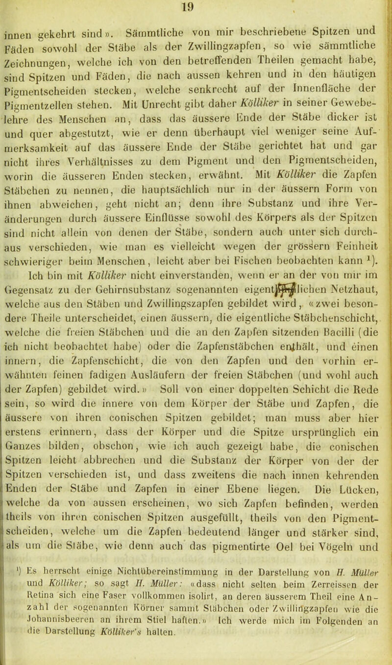 innen gekehrt sind». Sämmtliche von mir beschriebene Spitzen und Fäden sowohl der Stäbe als der Zwillingzapfen, so wie sämmtliche Zeichnungen, welche ich von den betreffenden Theilen gemacht habe, sind Spitzen und Fäden, die nach aussen kehren und in den häutigen Pigmentscheiden stecken, welche senkrecht aul der Innenfläche der Pigmentzellen stehen. Mit Unrecht gibt daher Köllik&v in seiner Gewebe- lehre des Menschen an, dass das äussere Ende der Stäbe dicker ist und quer abgestutzt, wie er denn überhaupt viel weniger seine Auf- merksamkeit auf das äussere Ende der Stäbe gerichtet hat und gar nicht ihres Verhältnisses zu dem Pigment und den Pigmenlscheiden, worin die äusseren Enden stecken, erwähnt. Mit Rölliker die Zapfen Stäbchen zu nennen, die hauptsächlich nur in der äussern Form von ihnen abweichen, geht nicht an; denn ihre Substanz und ihre Ver- änderungen durch äussere Einflüsse sowohl des Körpers als der Spitzen sind nicht allein von denen der Stäbe, sondern auch unter sich durch- aus verschieden, wie man es vielleicht wegen der grösSern Feinheit schwieriger beim Menschen, leicht aber bei Fischen beobachten kann x). Ich bin mit Köllilcer nicht einverstanden, wenn er an der von mir im Gegensatz zu der Gehirnsubstanz sogenannten eigentjJ|5ij8liehen Netzhaut, welche aus den Stäben und Zwillingszapfen gebildet wird, «zwei beson- dere Theile unterscheidet, einen äussern, die eigentliche Stäbchenschicht, welche die freien Stäbchen und die an den Zapfen sitzenden Bacilli (die ich nicht beobachtet habe) oder die Zapfenstäbchen enthält, und einen innern, die Zapfenschicht, die von den Zapfen und den vorhin er- wähnten feinen fadigen Ausläufern der freien Stäbchen (und wohl auch der Zapfen) gebildet wird.» Soll von einer doppelten Schicht die Rede sein, so wird die innere von dem Körper der Stäbe und Zapfen, die äussere von ihren conischen Spitzen gebildet; man muss aber hier erstens erinnern, dass der Körper und die Spitze ursprünglich ein Ganzes bilden, obschon, wie ich auch gezeigt habe, die conischen Spitzen leicht abbrechen und die Substanz der Körper von der der Spitzen verschieden ist, und dass zweitens die nach innen kehrenden Enden der Stäbe und Zapfen in einer Ebene liegen. Die Lücken, i welche da von aussen erscheinen, wo sich Zapfen befinden, werden i theils von ihren conischen Spitzen ausgefüllt, theils von den Pigment- jscheiden, welche um die Zapfen bedeutend länger und stärker sind, •als um die Siäbe, wie denn auch das pigmentirte Oel bei Vögeln und ') Es herrscht einige Nichtübereinstimmung in der Darstellung von H. Müller und Köllilcer; so sagt II. Müller: «dass nicht seilen beim Zerreissen der Retina sich eine Faser vollkommen isolirt, an deren äusserem Tlieil eine An- zahl der sogenannten Körner sammt Stäbchen oder Zwillingzapfen wie die Johannisbeeren an ihrem Stiel haften.» Ich werde mich im Folgenden an die Darstellung Köllilcer’s halten.