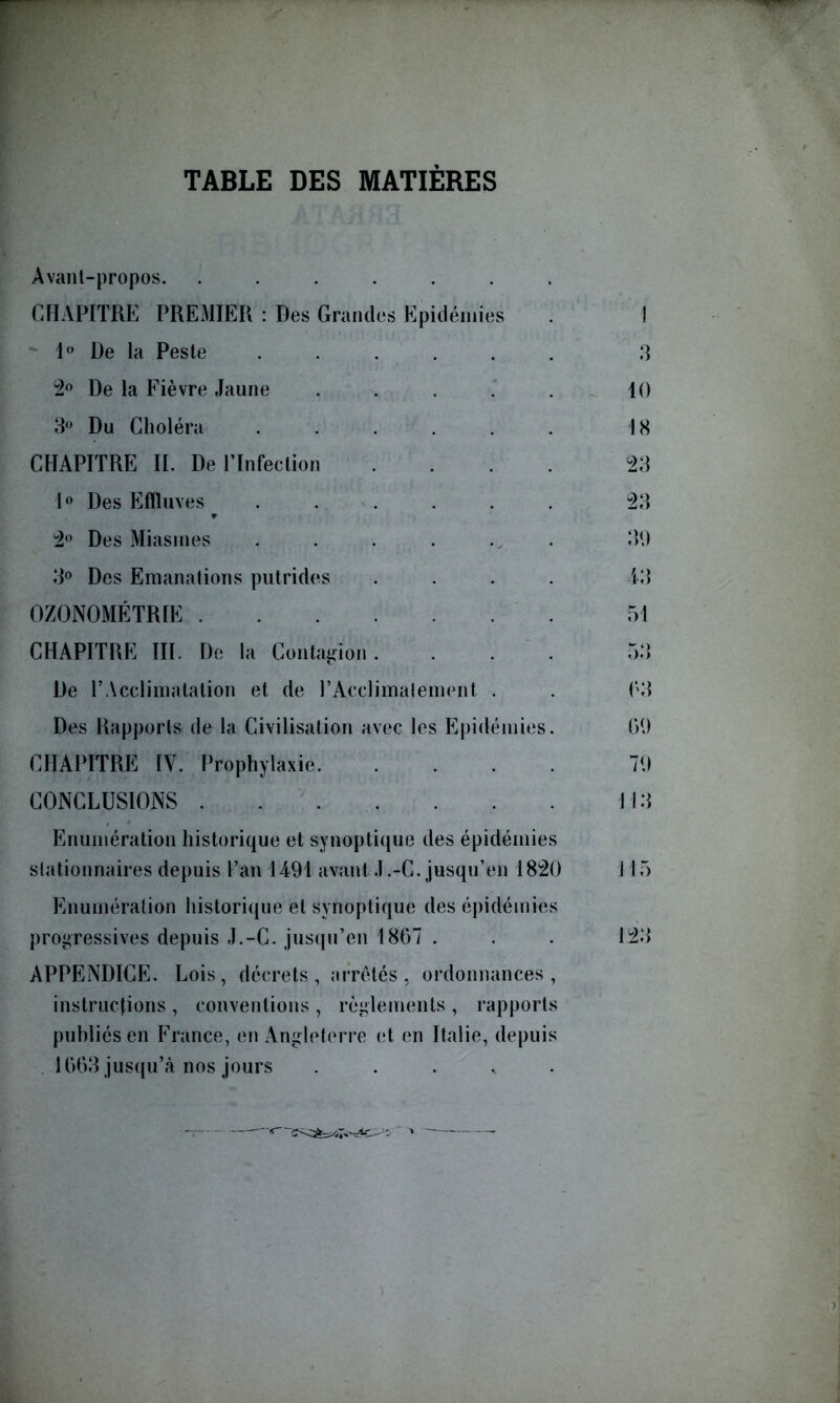 TABLE DES MATIÈRES Avanl-propos. ....... CHAPITRE PREMIER : Des Grandes Epidémies 1° De la Peste ...... 2° De la Fièvre Jaune . . . 3° Du Choléra ...... CHAPITRE II. De l’Infection .... 1° Des Effluves ...... 2° Des Miasmes ...... 3° Des Emanations putrides .... OZONOMÉTRIE CHAPITRE III. De la Contagion. De l’Acclimatation et de P Acclimatement . Des Rapports de la Civilisation avec les Epidémies. CHAPITRE IV. Prophylaxie CONCLUSIONS Enumération historique et synoptique des épidémies stationnaires depuis l’an 1491 avant J .-C. jusqu’en 1820 Enumération historique et synoptique des épidémies progressives depuis J.-C. jusqu’en 1807 . APPENDICE. Lois, décrets, arretés, ordonnances, instructions , conventions , règlements , rapports publiés en France, en Angleterre et en Italie, depuis 1003 jusqu’à nos jours .