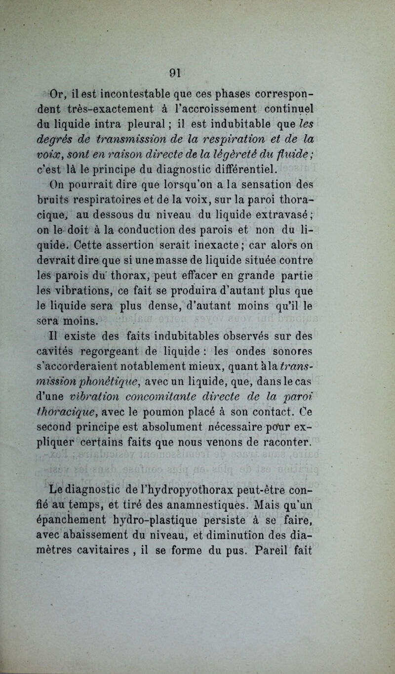 Or, il est incontestable que ces phases correspon- dent très-exactement à Taccroissement continuel du liquide intra pleural ; il est indubitable que les degrés de transmission de la respiration et de la voix y sont en raison directe de la légèreté du fluide; c’est là le principe du diagnostic différentiel. On pourrait dire que lorsqu’on a la sensation des bruits respiratoires et de la voix, sur la paroi thora- cique, au dessous du niveau du liquide extravasé ; on le doit à la conduction des parois et non du li- quide. Cette assertion serait inexacte; car alors on devrait dire que si une masse de liquide située contre les parois du thorax, peut effacer en grande partie les vibrations, ce fait se produira d’autant plus que le liquide sera plus dense, d’autant moins qu’il le sera moins. Il existe des faits indubitables observés sur des cavités regorgeant de liquide ; les ondes sonores s’accorderaient notablement mieux, quant kla trans- mission phonétique^ avec un liquide, que, dans le cas d’une vibration concomitante directe de la paroi thoracique^ avec le poumon placé à son contact. Ce second principe est absolument nécessaire pcmr ex- pliquer certains faits que nous venons de raconter. Le diagnostic de l’hydropyothorax peut-être con- fié au temps, et tiré des anamnestiquès. Mais qu’un épanchement hydro-plastique persiste à se faire, avec abaissement du niveau, et diminution des dia- mètres cavitaires , il se forme du pus. Pareil fait