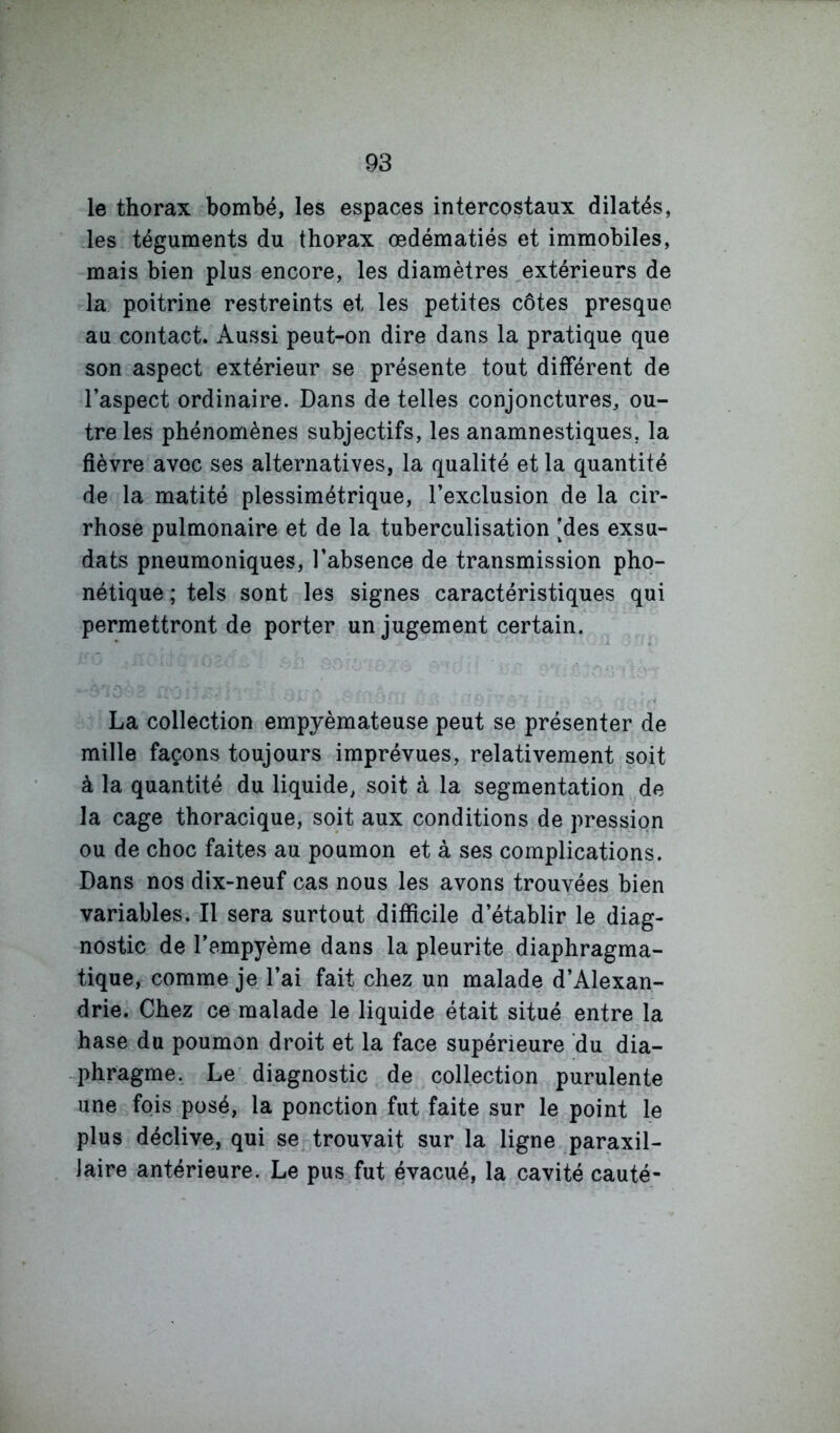 le thorax bombé, les espaces intercostaux dilatés, les téguments du thorax œdématiés et immobiles, mais bien plus encore, les diamètres ^extérieurs de la poitrine restreints et les petites côtes presque au contact. Aussi peut-on dire dans la pratique que son aspect extérieur se présente tout différent de l’aspect ordinaire. Dans de telles conjonctures, ou- tre les phénomènes subjectifs, les anamnestiques, la fièvre avec ses alternatives, la qualité et la quantité de la matité plessimétrique, l’exclusion de la cir- rhose pulmonaire et de la tuberculisation [des exsu- dats pneumoniques, l’absence de transmission pho- nétique; tels sont les signes caractéristiques qui permettront de porter un jugement certain. La collection empyèmateuse peut se présenter de mille façons toujours imprévues, relativement soit à la quantité du liquide, soit à la segmentation de la cage thoracique, soit aux conditions de pression ou de choc faites au poumon et à ses complications. Dans nos dix-neuf cas nous les avons trouvées bien variables. Il sera surtout difficile d’établir le diag- nostic de l’empyème dans la pleurite diaphragma- tique, comme je l’ai fait chez un malade d’Alexan- drie. Chez ce malade le liquide était situé entre la hase du poumon droit et la face supérieure du dia- -phragme. Le diagnostic de collection purulente une fois posé, la ponction fut faite sur le point le plus déclive, qui se trouvait sur la ligne paraxil- laire antérieure. Le pus fut évacué, la cavité cauté-