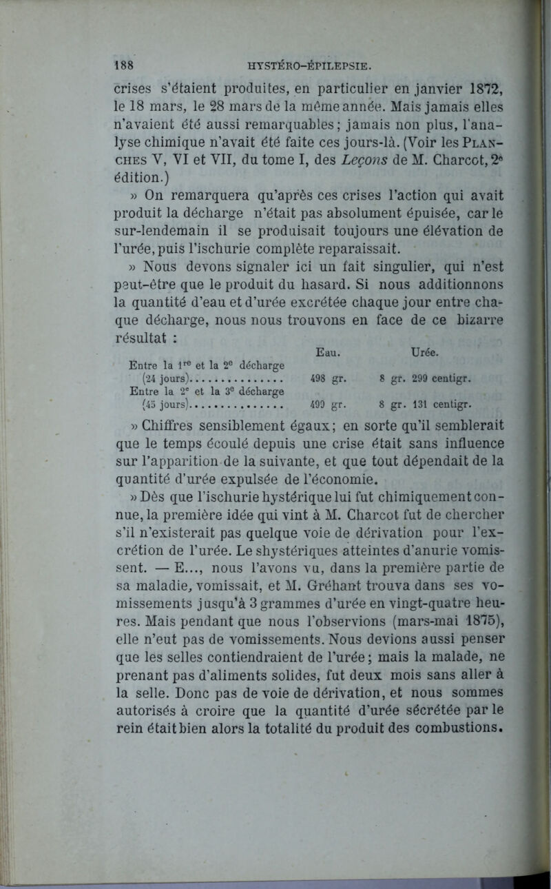 crises s’étaient produites, en particulier en janvier 1872, le 18 mars, le 28 mars de la même année. Mais jamais elles n’avaient été aussi remarquables; jamais non plus, l’ana- lyse chimique n’avait été faite ces jours-là. (Voir les Plan- ches V, VI et VII, du tome I, des Leçons de M. Charcot, 2e édition.) » On remarquera qu’après ces crises l’action qui avait produit la décharge n’était pas absolument épuisée, car le sur-lendemain il se produisait toujours une élévation de l’urée, puis l’ischurie complète reparaissait. » Nous devons signaler ici un fait singulier, qui n’est peut-être que le produit du hasard. Si nous additionnons la quantité d’eau et d’urée excrétée chaque jour entre cha- que décharge, nous nous trouvons en face de ce bizarre résultat : Eau. Urée. Entre la lre et la 2e décharge (24 jours) 498 gr. 8 gr. 299 centigr. Entre la 2e et la 3e décharge (45 jours) 499 gr. 8 gr. 131 centigr. » Chiffres sensiblement égaux; en sorte qu’il semblerait que le temps écoulé depuis une crise était sans influence sur l’apparition de la suivante, et que tout dépendait de la quantité d’urée expulsée de l’économie. »Dès que l’ischurie hystérique lui fut chimiquement con- nue, la première idée qui vint à M. Charcot fut de chercher s’il n’existerait pas quelque voie de dérivation pour l’ex- crétion de l’urée. Le shystériques atteintes d’anurie vomis- sent. — E..., nous l’avons vu, dans la première partie de sa maladie, vomissait, et M. Gréhant trouva dans ses vo- missements j usqu’à 3 grammes d’urée en vingt-quatre heu- res. Mais pendant que nous l’observions (mars-mai 1875), elle n’eut pas de vomissements. Nous devions aussi penser que les selles contiendraient de l’urée ; mais la malade, ne prenant pas d’aliments solides, fut deux mois sans aller à la selle. Donc pas de voie de dérivation, et nous sommes autorisés à croire que la quantité d’urée sécrétée par le rein était bien alors la totalité du produit des combustions.