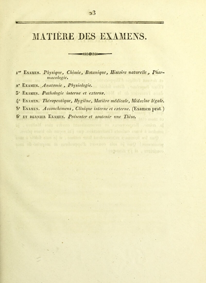 MATIÈRE DES EXAMENS i*r Examen. Physique, Chimie, Botanique, Histoire naturelle , Phar- macologie. 2e Examen. Anatomie , Physiologie. 5e Examen. Pathologie interne et externe. 4e Examen. Thérapeutique, Hygiène, Matière médicale. Médecine légale. 5° Examen. Accouchcmens, Clinique interne et externe. (Examen prat. ) 6e et dernier Examen. Présenter et soutenir une Thèse.