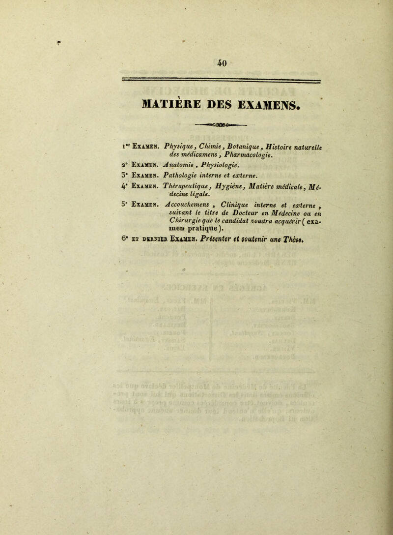 MATIÈRE DES EXAMENS. i Examen. a' Examen. 3' Examen. 4* Examen. Physique, Chimie, Botanique, Histoire naturelle des mêdicamens , Pharmacologie. Anatomie , Physiologie. Pathologie interne et externe. Thérapeutique, Hygiène, Matière médicale, Mé- decine légale. 5' Examen. Accouchemens , Clinique interne et externe , suivant le titre de Docteur en Médecine ou en Chirurgie que le candidat voudra acquérir ( exa- men pratique). 6* ex dernier Examen. Présenter et soutenir une Thèse.