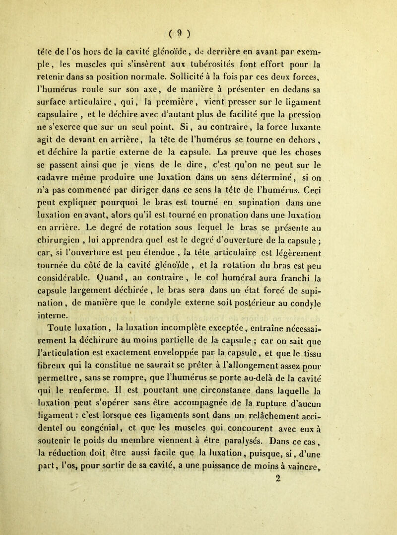 tèle de l’os hors de la cavité glénoïde, de derrière en avant par exem- ple , les muscles qui s’insèrent aux tube'rosités font effort pour la retenir dans sa position normale. Sollicité à la fois par ces deux forces, l’humérus roule sur son axe, de manière à présenter en dedans sa surface articulaire , qui, la première, vient] presser sur le ligament capsulaire , et le déchire avec d’autant plus de facilité que la pression ne s’exerce que sur un seul point. Si, au contraire, la force luxante agit de devant en arrière, la tête de l’humérus se tourne en dehors, et déchire la partie externe de la capsule. La preuve que les choses se passent ainsi que je viens de le dire, c’est qu’on ne peut sur le cadavre même produire une luxation dans un sens déterminé, si on n’a pas commencé par diriger dans ce sens la tête de l’humérus. Ceci peut expliquer pourquoi le bras est tourné en supination dans une luxation en avant, alors qu’il est tourné en pronation dans une luxation en arrière. Le degré de rotation sous lequel le bras se présente au chirurgien , lui apprendra quel est le degré d’ouverture de la capsule ; car,, si l’ouverture est peu étendue , la tête articulaire est légèrement tournée du côté de la cavité glénoïde , et la rotation du bras est peu considérable. Quand , au contraire , le co1 huméral aura franchi la capsule largement déchirée , le bras sera dans un état forcé de supi- nation , de manière que le condyle externe soit postérieur au condyle interne. Toute luxation , la luxation incomplète exceptée, entraîne nécessai- rement la déchirure au moins partielle de la capsule ; car on sait que l’articulation est exactement enveloppée par la capsule, et que le tissu fibreux qui la constitue ne saurait se prêter à l’allongement assez pour permettre, sans se rompre, que l’humérus se porte au-delà de la cavité qui le renferme. II est pourtant une circonstance dans laquelle la luxation peut s’opérer sans être accompagnée de la rupture d’aucun ligament : c’est lorsque ces ligaments sont dans un relâchement acci- dentel ou congénial, et que les muscles qui concourent avec eux à soutenir le poids du membre viennent à être paralysés. Dans ce cas , la réduction doit être aussi facile que la luxation, puisque, si, d’une part, l’os, pour sortir de sa cavité, a une puissance de moins à vaincre, 2