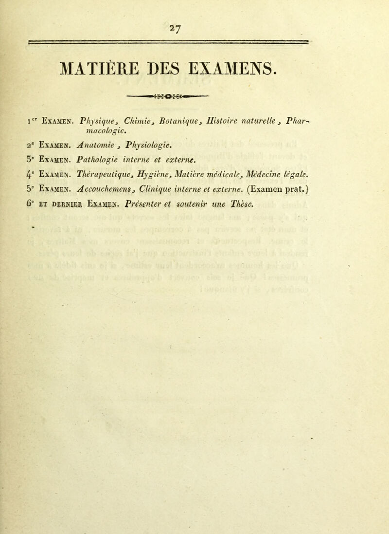 MATIÈRE DES EXAMENS icr Examen. Physique3 Chimie 3 Botanique 3 Histoire naturelle 3 Phar- macologie. 2e Examen. Anatomie 3 Physiologie. 5e Examen. Pathologie interne et externe. 4e Examen. Thérapeutique3 Hygiène3 Matière médicale3 Médecine légale. 5e Examen. Accouchemens3 Clinique interne et externe. (Examen prat.) 6e et dernier Examen. Présenter et soutenir une Thèse.