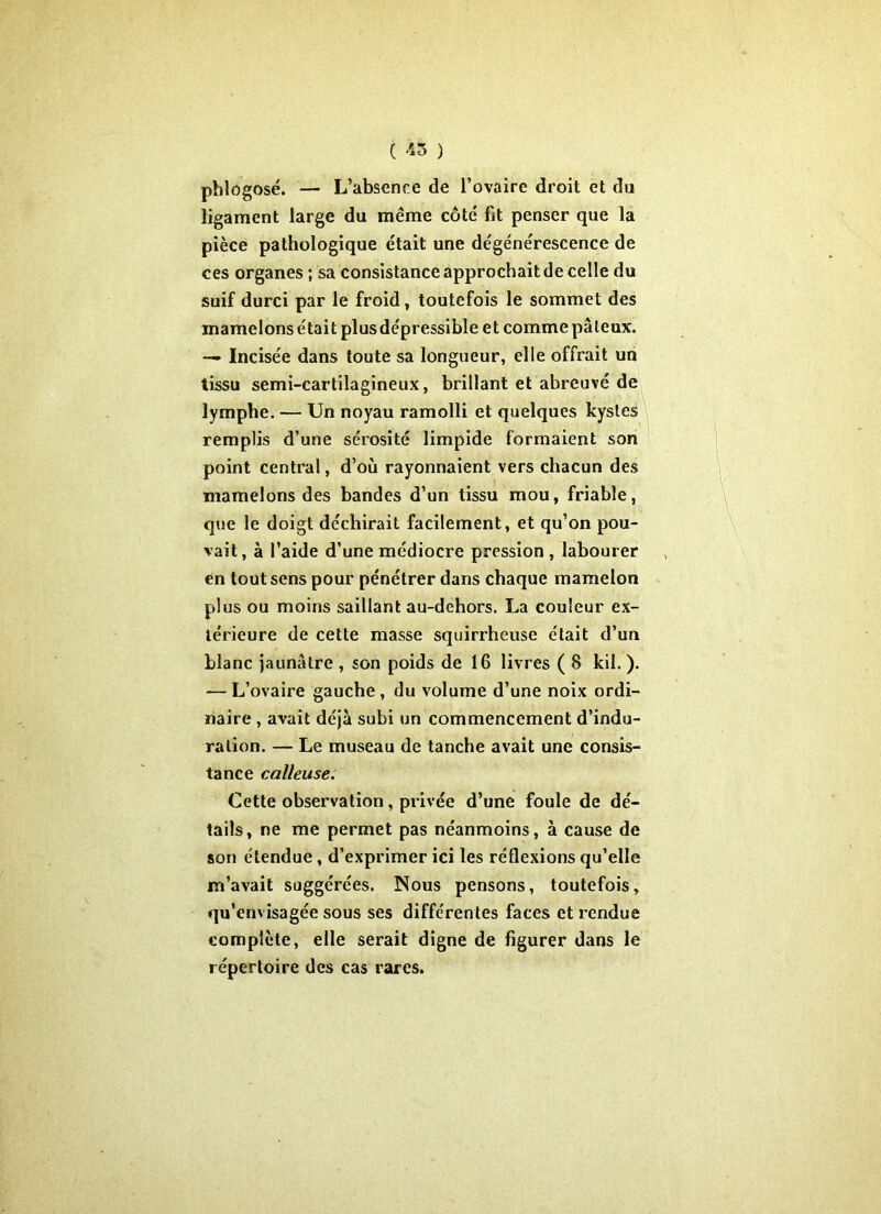 ( 45 ) phlogosé. — L’absence de l’ovaire droit et du ligament large du même côté fit penser que la pièce pathologique était une dégénérescence de ces organes ; sa consistance approchait de celle du suif durci par le froid, toutefois le sommet des mamelons était plusde'pressible et comme pâteux. — Incisée dans toute sa longueur, elle offrait un tissu semi-cartilagineux, brillant et abreuvé de lymphe. — Un noyau ramolli et quelques kystes remplis d’une sérosité limpide formaient son point central, d’où rayonnaient vers chacun des mamelons des bandes d’un tissu mou, friable, que le doigt déchirait facilement, et qu’on pou- vait, à l’aide d’une médiocre pression , labourer en tout sens pour pénétrer dans chaque mamelon plus ou moins saillant au-dehors. La couleur ex- térieure de cette masse squirrheuse était d’un blanc jaunâtre , son poids de 16 livres ( 8 kil. ). — L’ovaire gauche, du volume d’une noix ordi- naire , avait déjà subi un commencement d’indu- ration. — Le museau de tanche avait une consis- tance calleuse. Cette observation, privée d’une foule de dé- tails, ne me permet pas néanmoins, à cause de son étendue, d’exprimer ici les réflexions qu’elle m’avait suggérées. Nous pensons, toutefois, qu’envisagée sous ses différentes faces et rendue complète, elle serait digne de figurer dans le répertoire des cas rares.